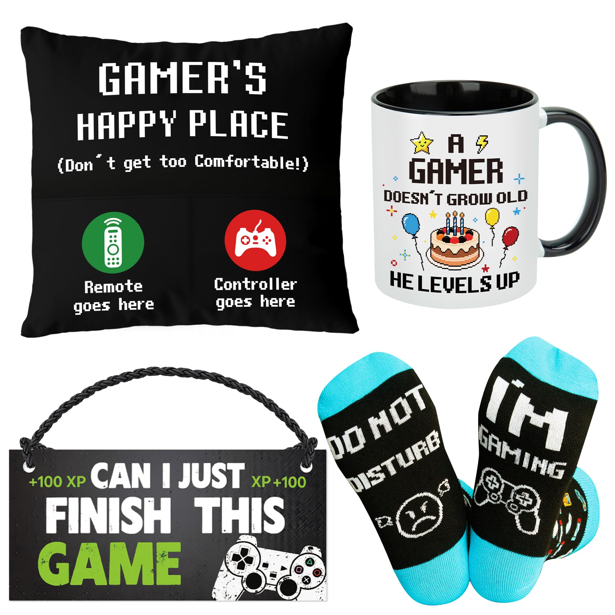 MerriBox Gaming Gifts for Men Boys Teens Gaming Accessories for Room Gaming Stuff with Funny Gaming Socks Cushion Cover Gaming Cup Hanging Door Sign Gamer Room Decor