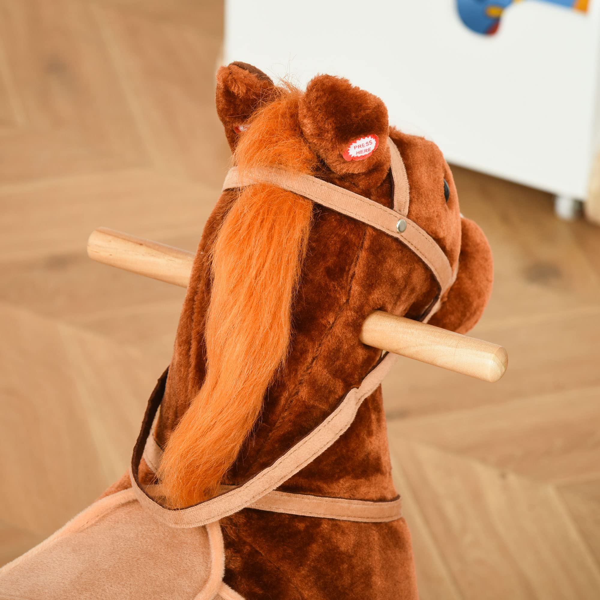 HOMCOM Kinder Schaukelpferd Schaukeltier Schaukelspielzeug Wiehern Braun 74x28x65cm