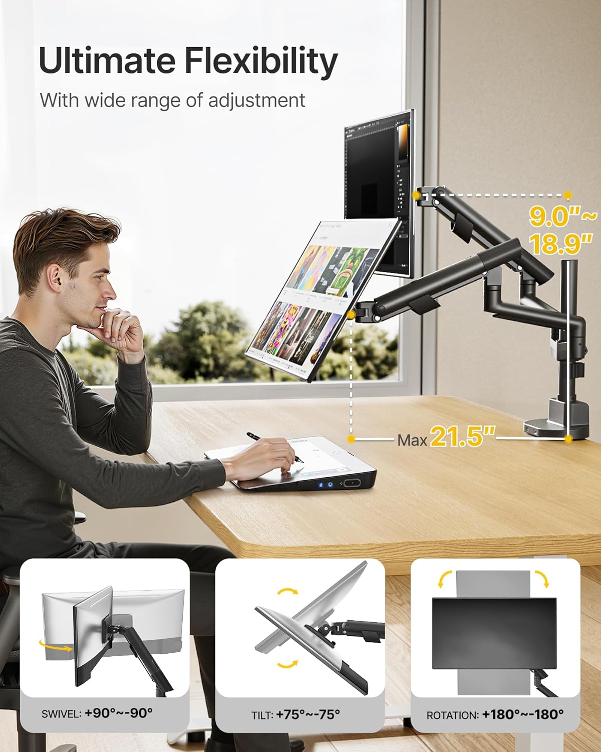 monTEK Dual Monitor Stand with USB Up to 35" Screens,Tall Post Mounted Monitor Arm Holds Max 24.3lbs Per Screen, Full Motion Adjustable Arm Desk Mount with C-Clamp/Grommet,VESA 75/100mm