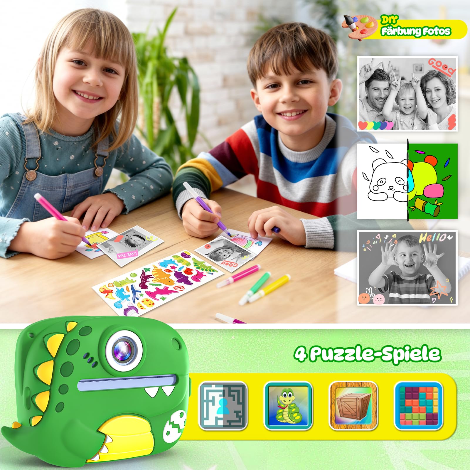 Wootoyz Kinderkamera Sofortbildkamera, Digitalkamera für Kinder Dinosaurier Spielzeug ab 3 4 5 6 7 8 Jahren Junge Geschenkideen Kinderkamera Junge 4 5 6 7 8 Jahre Spielzeug ab 3-12 Jahre