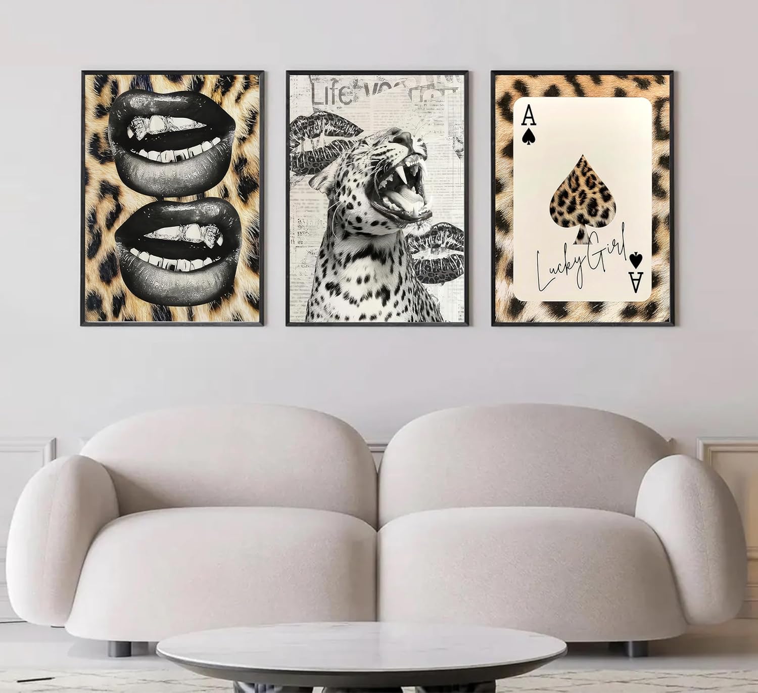 3Pcs Trendy Cheetah Roaring Canvas Wall Art Leopard Lucky Girl Poker Lips Painting Picture Wall Decor Funky Preppy Poster Print Artwork for Bedroom Girly Room Living Room Apartment Home Decoration