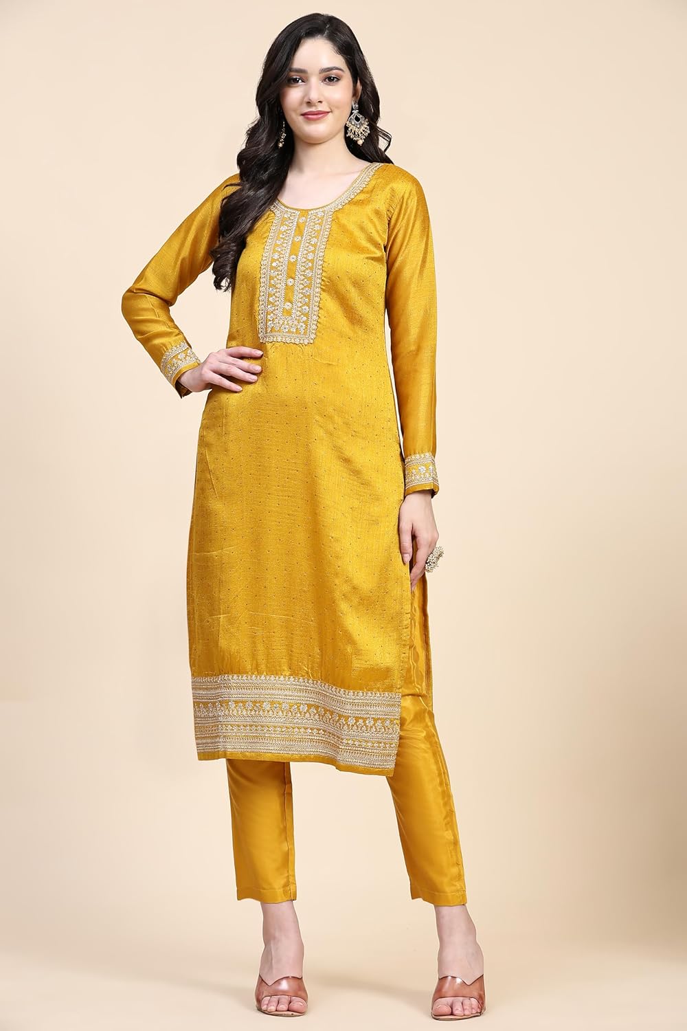 TRENDMALLS Women's Vichitra Silk Embroidery Salwar Suit Set Kurta Pant with Dupatta Yellow
