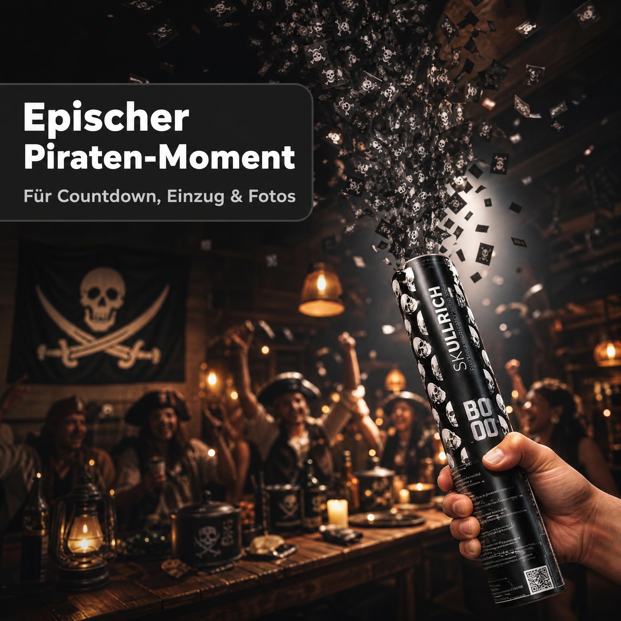 Pyroland 6 Stück Konfettikanone Skullrich 80 cm, schwarzes Konfetti mit Piratenflagge, lustiger Party Popper für Halloween, Mottoparty und Geburtstag