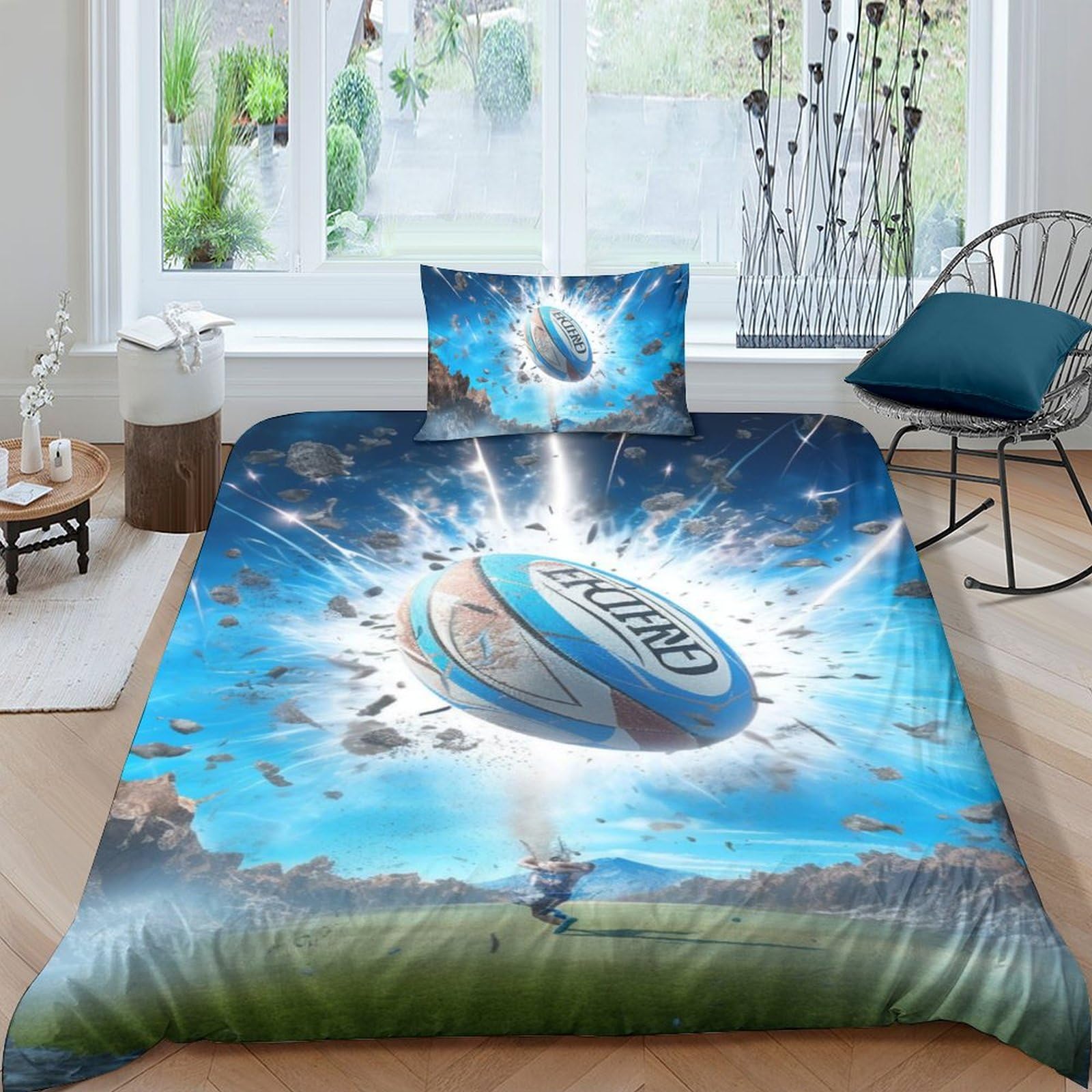 AAIRRA Rugby Comforter Covers for Boys Girls 3D Print Cool Rugby Quilt Cover Duvet Cover Bedding Set with Pillow Cases Soft Microfiber with Zipper Closure 2 Pieces Single（135x200cm）