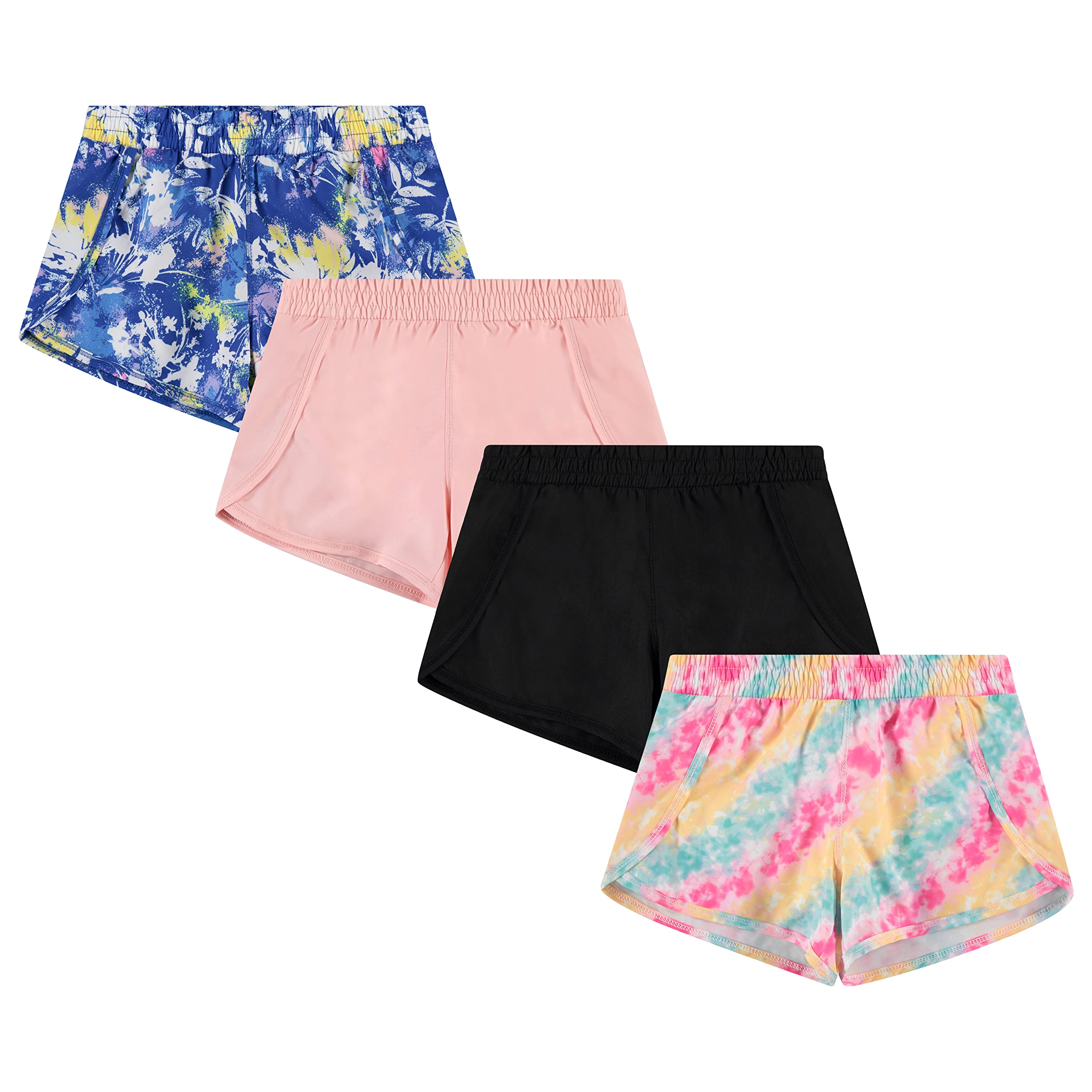 BTweenGirls 4-Piece Summer Shorts | Performance Dolphin Shorts with Drawstring | Sports Running Shorts for Kids