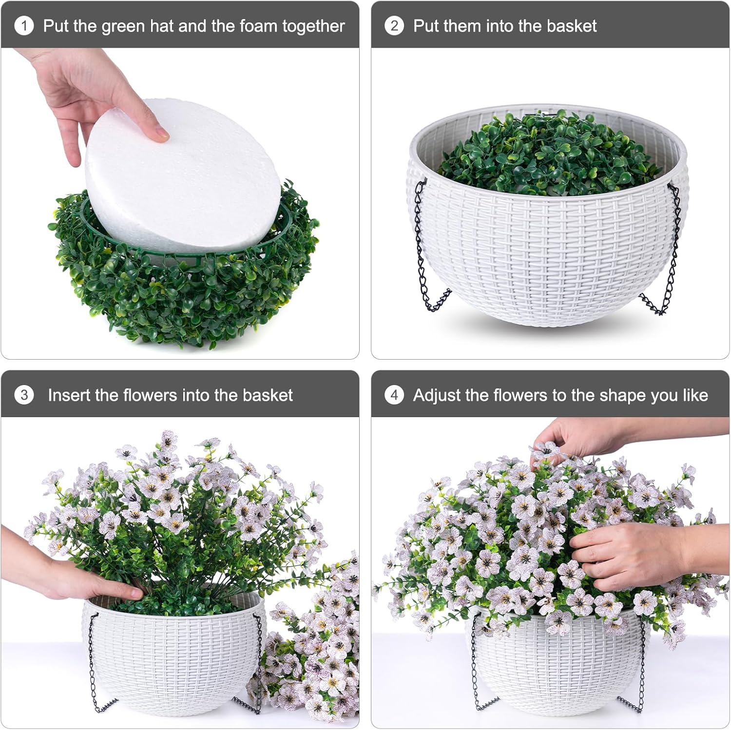 HyeFlora Artificial Fake Hanging White Flowers Plants Basket for Outdoor Outside Fall Winter, Faux Silk Daisy UV Resistant Look Real for Christmas Porch Patio Balcony Home Yard Decoration - Image 5