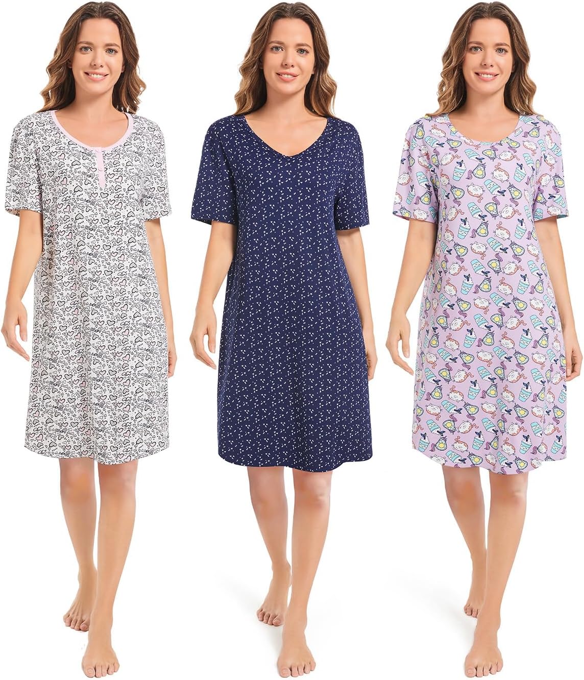 3 Pack Nightgowns for Women Short Sleeve Night Gown Soft Sleep Shirts Women's Sleepwear Print Sleep Dress