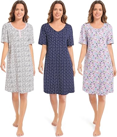 3 Pack Nightgowns for Women Short Sleeve Night Gown Soft Sleep Shirts Womens Sleepwear Print Sleep Dress