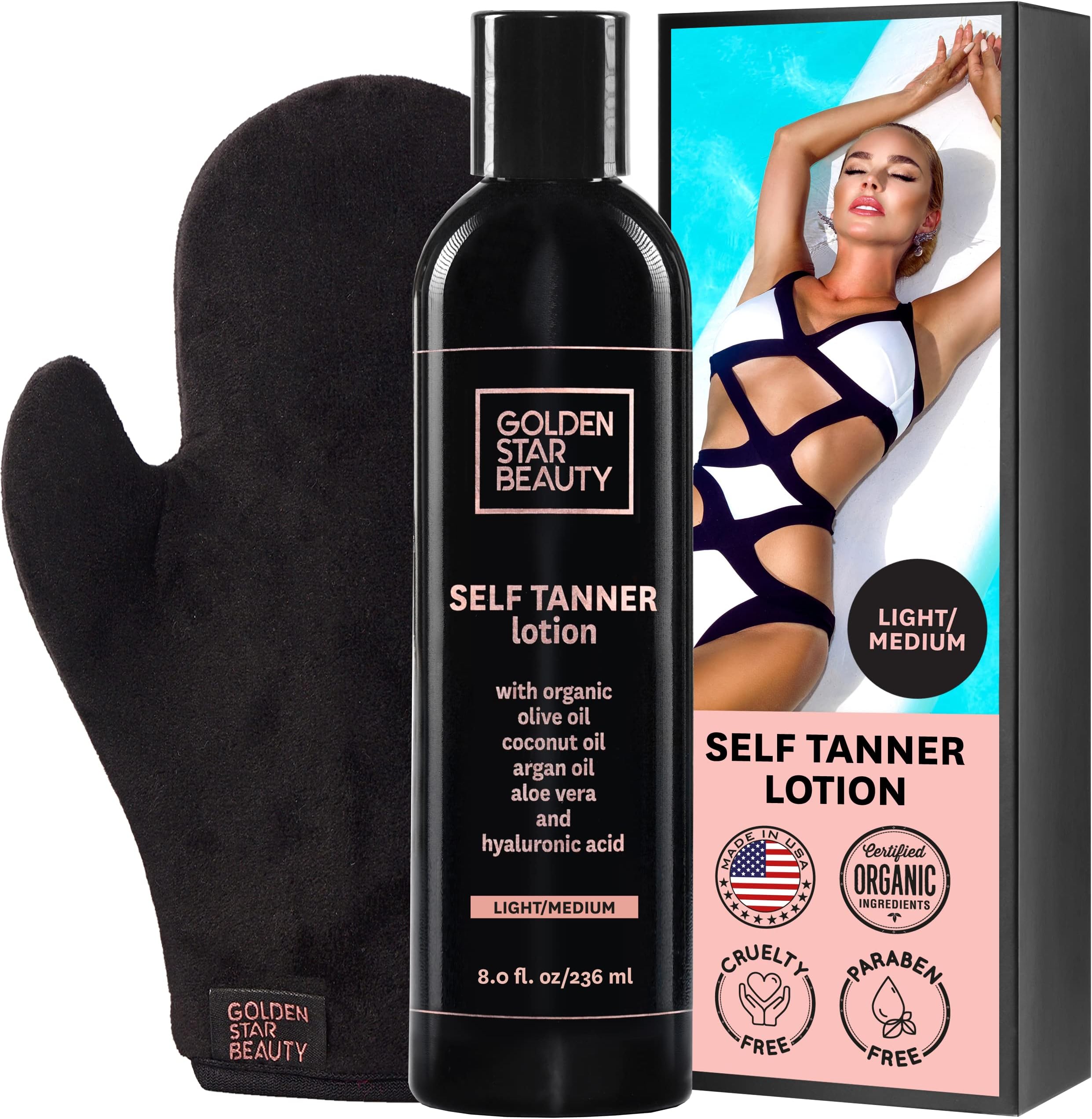 Self Tanner with Tanning Mitt - Sunless Tanning Lotion w/Hyaluronic Acid & Organic Oils Gradual Body Bronzer for Light or Medium Tan 8.0 fl.oz …