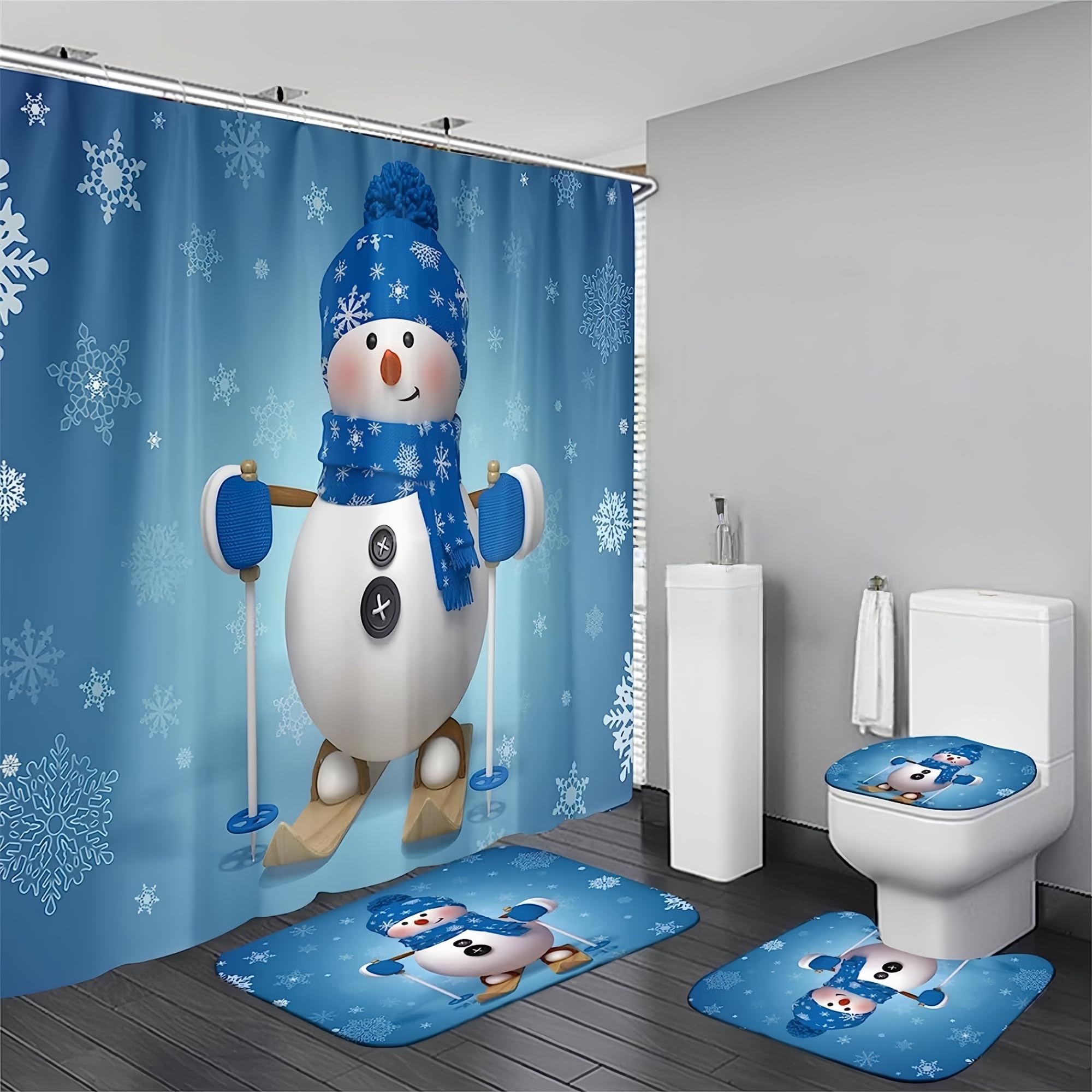 4Pcs Chrismas Snowman Shower Curtain Sets Snowflake Blue Bathroom Set Decor with Non-Slip Rugs Bath U-Shaped Mat Toilet Lid Cover Waterproof Cute Bathroom Curtains Shower Set with 12 Hooks, 70.8×70.8-image-4