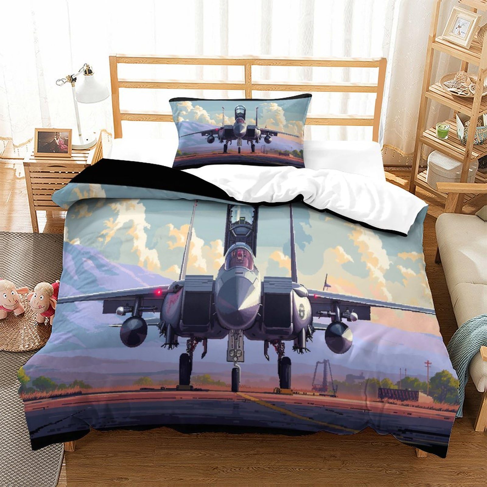 P1s9u7w5y Aircraft Dynamic 3D Printing Fighter Duvet Cover Set 3Pcs Thick Microfiber Modern Plane Bedding Set Single（135X200cm）