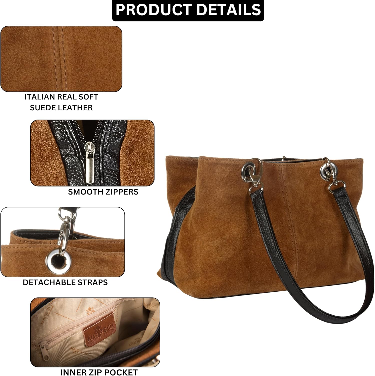 LiaTalia - Lush Italian Suede Womens Twin Handle Multi Zip Pockets Small Shoulder Bag - Holly (Medium Grey)