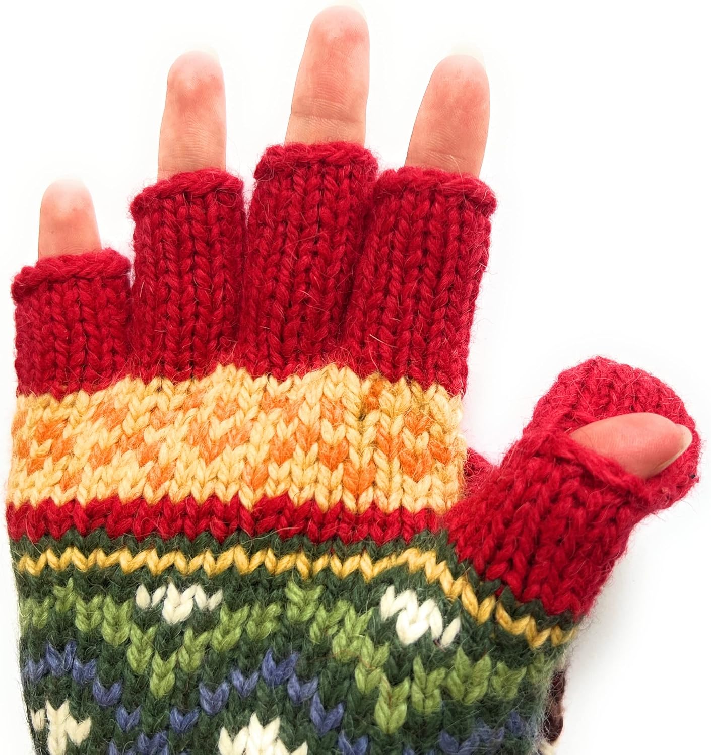 Hand Knit Alpaca Convertible Mitten Fingerless Glove Flip Cover Fair Isle Pattern Fleece Lined - Image 6
