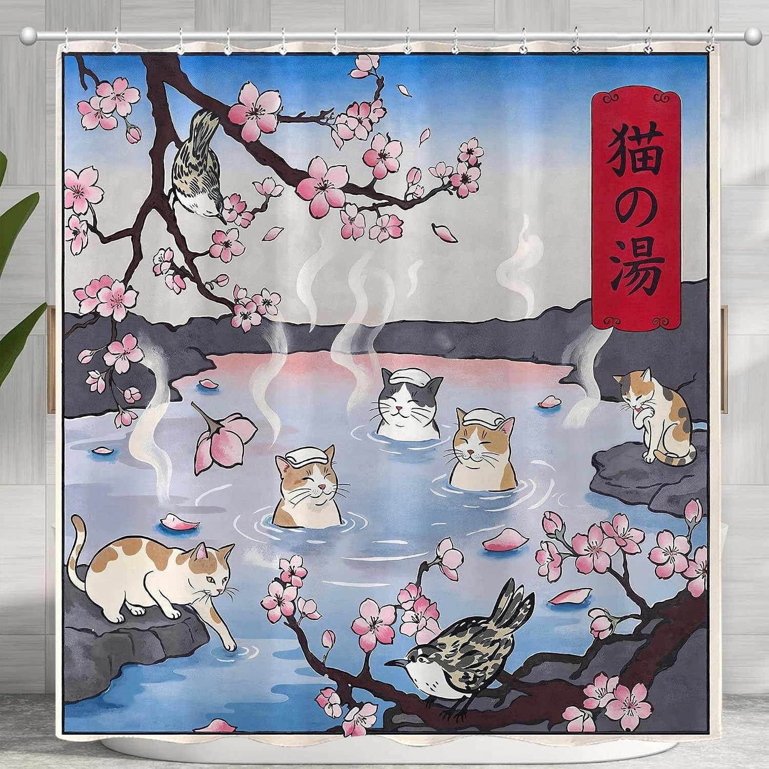 Japanese Ukiyo-e Cats in Hot Spring Shower Curtain Cherry Blossom Sakura and Spa Felines Art Print Waterproof Fabric Bathroom Decor 72x72 Inch