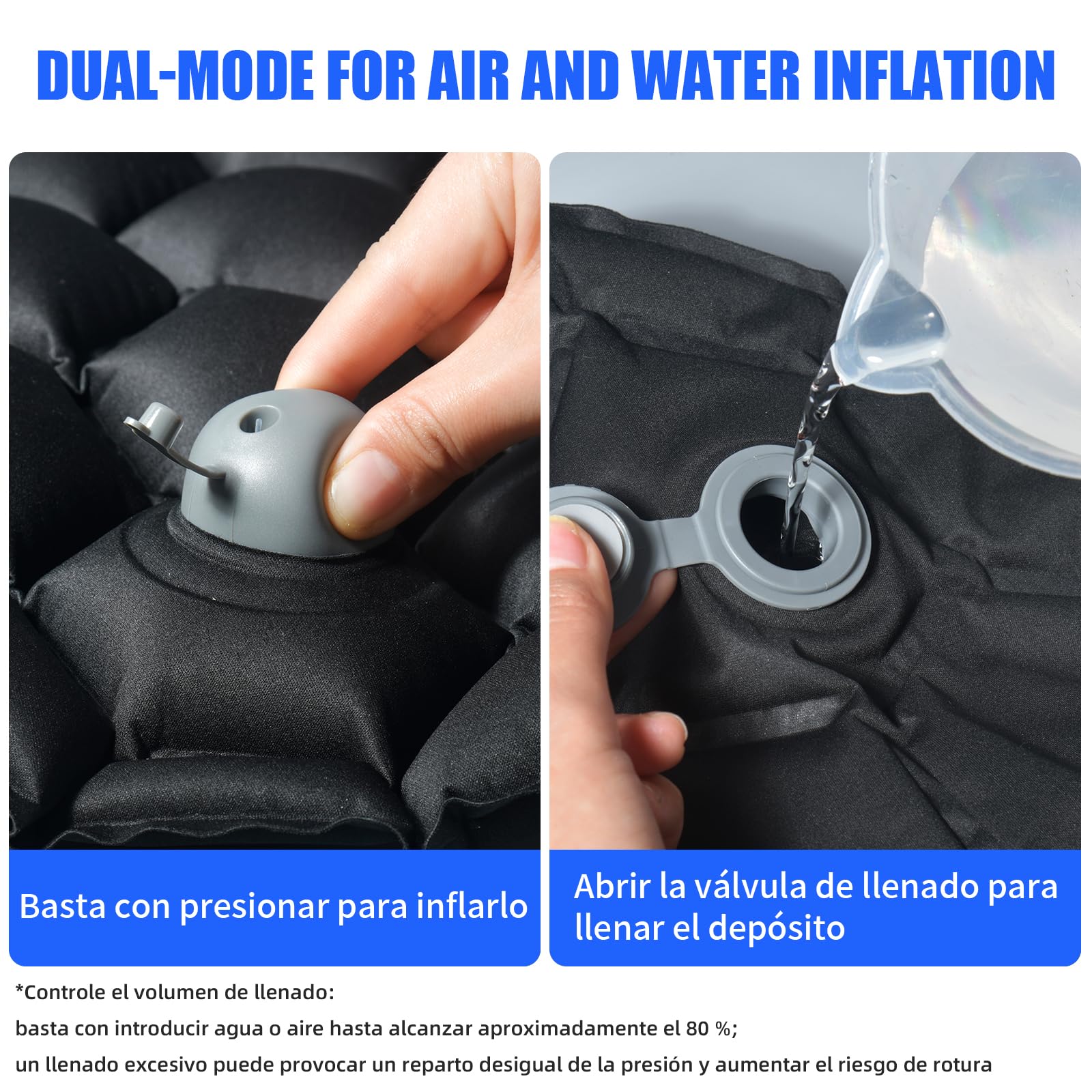 Cojín para Asiento de Moto – Inflable y Rellenable con Agua 2 en 1, Amortiguación Universal, Diseño Ergonómico, Base Antideslizante y Correas, Ideal para Viajes Largos (Negro)