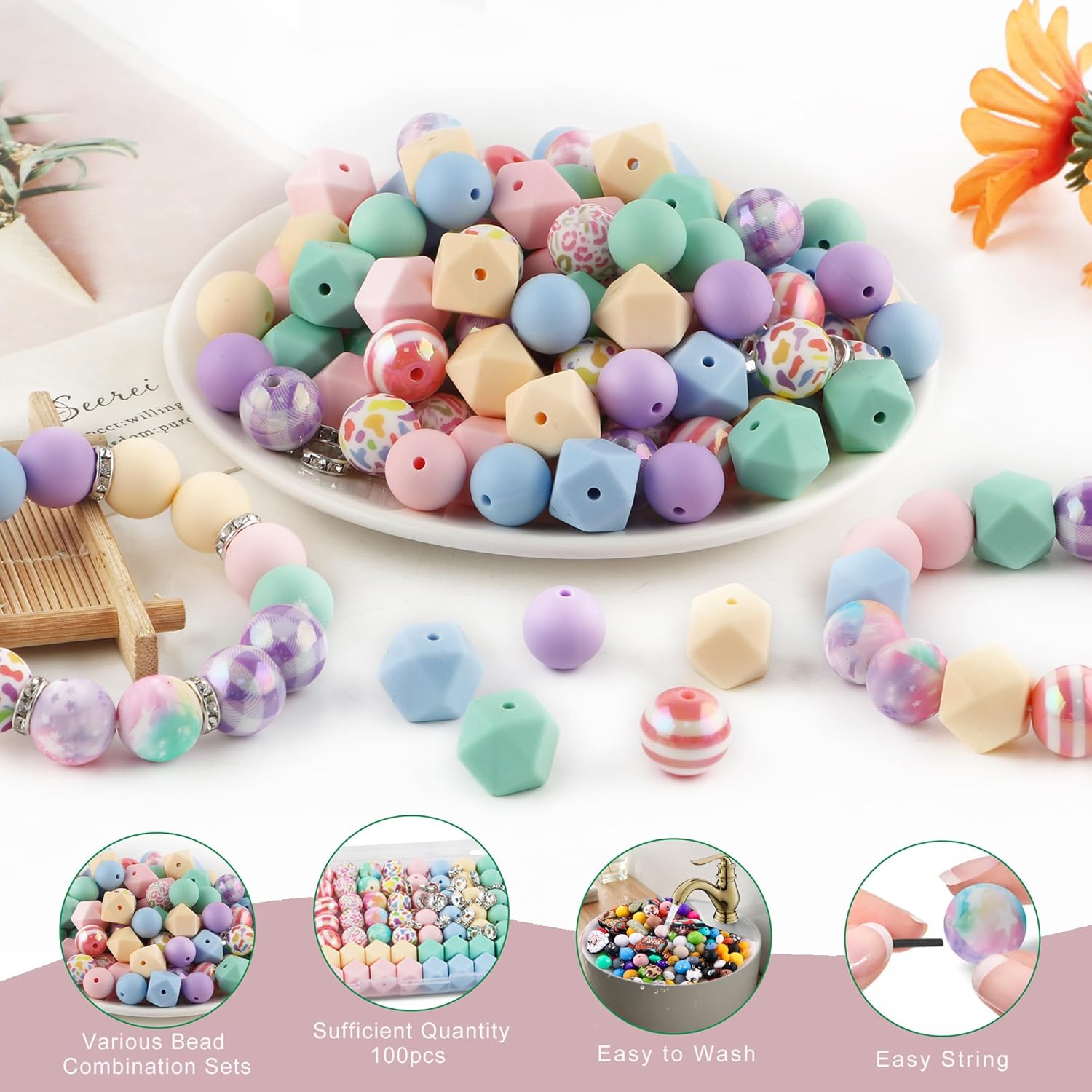 100PCS Mix Multicolor Warm Print Silicone Beads Hexagon Acrylic, 15mm Silicone Beads for Keychain Making 10mm Rondelle Rhinestone Spacer for Bracelet Necklace DIY Crafts - Image 6