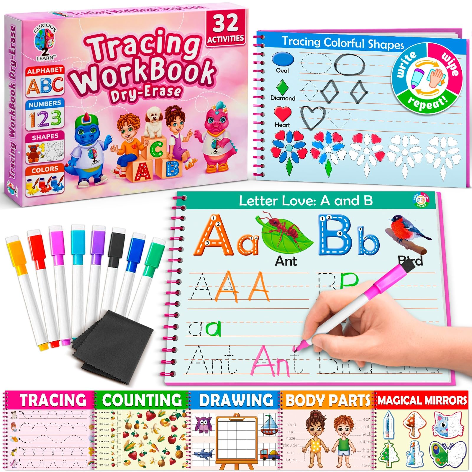 Curious 2 Learn Hardcover Preschool Activity Workbook for Kids Ages 3–5 – 32 Montessori Learning Activities with 9 Markers – ABC, Numbers, Colors &amp; Shapes – Educational Gift for Boys &amp; Girls