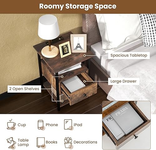 Miniatura 3 de GOFLAME Juego de 2 mesitas de noche con estación de carga, mesa auxiliar de 3 niveles con cajón y estantes abiertos, mesa de sofá industrial con 2