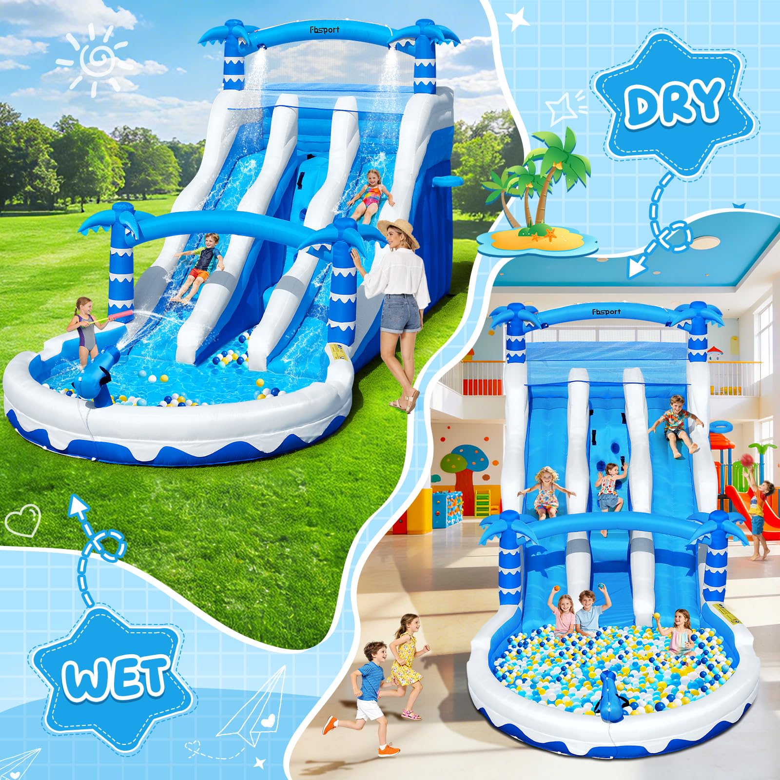 Hüpfburg XXL mit 2 Wasserrutsche für Gewerblichen Erwachsene & Kinder, Aufblasbare Bouncy Castle für Indoor Outdoor mit Gebläse Größe Pool Rutsche Korb Sprinkleranlage und Kletterwand, 630x290x285 cm