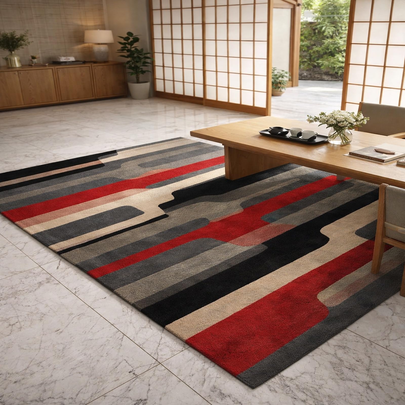 Tapis salon géométrique rouge et gris 160x230 cm pour décoration moderne