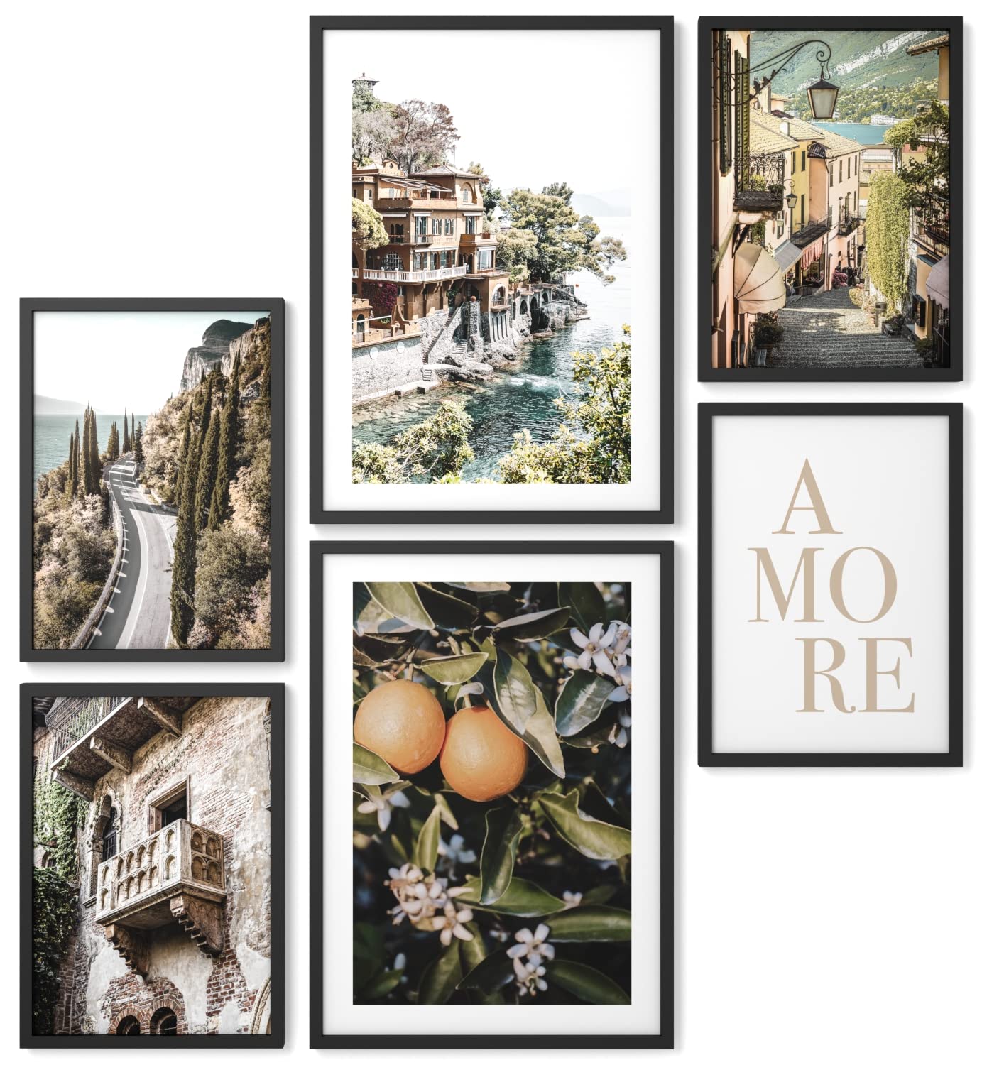 Papierschmiede® Mood Poster Set Italian Orange, Gerahmte Bilder (Rahmen: Farbe wählbar), Wohnzimmer Deko Schlafzimmer, 2x DIN A2 und 4x DIN A3, Italien Toskana Urlaub Amore