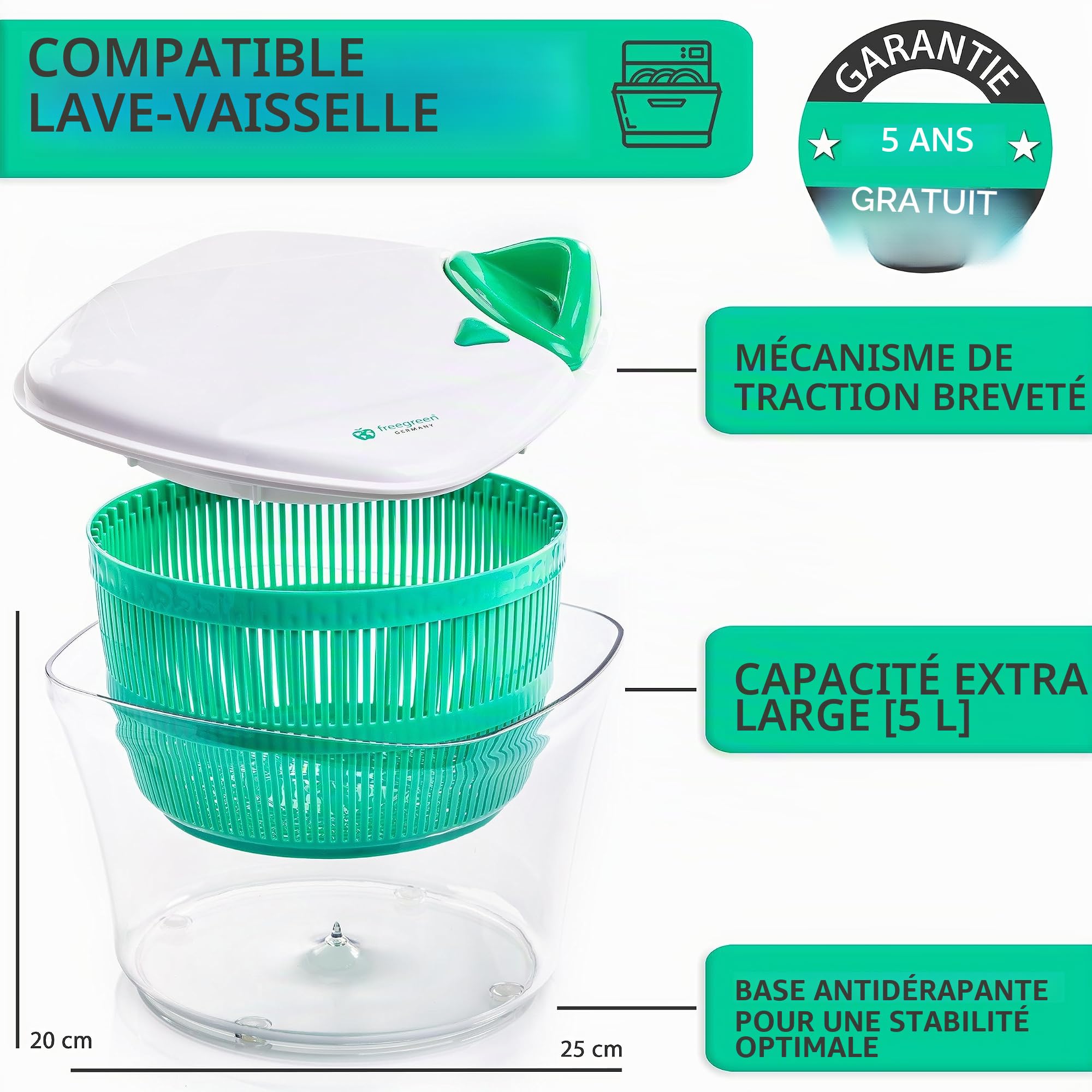 freegreen® Germany Essoreuse à salade [5L] avec mécanisme de traction breveté, passoire et couvercle avec bec verseur intégré I [recettes de salade] I Saladier pour servir avec style