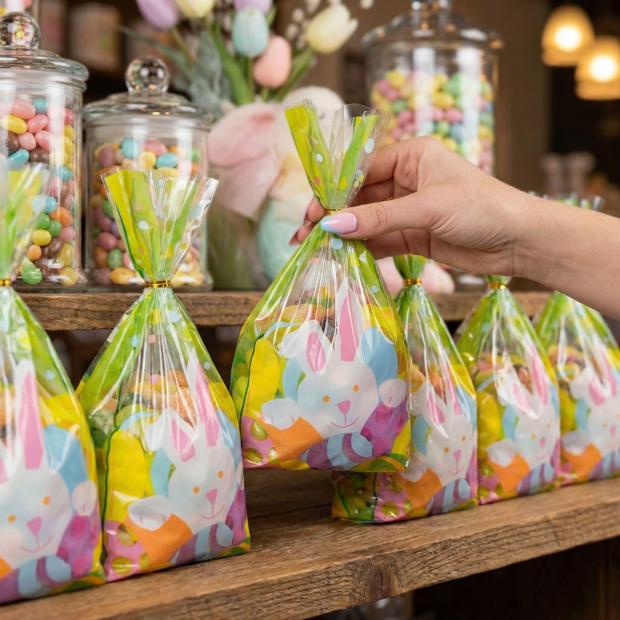 Restaurantware Bolsas de dulces Bag Tek de 5 x 3 x 11 pulgadas, 100 bolsas de dulces impresas con fuelle – Conejo de Pascua, lazos giratorios se venden por separado, bolsas de plástico para caramelos
