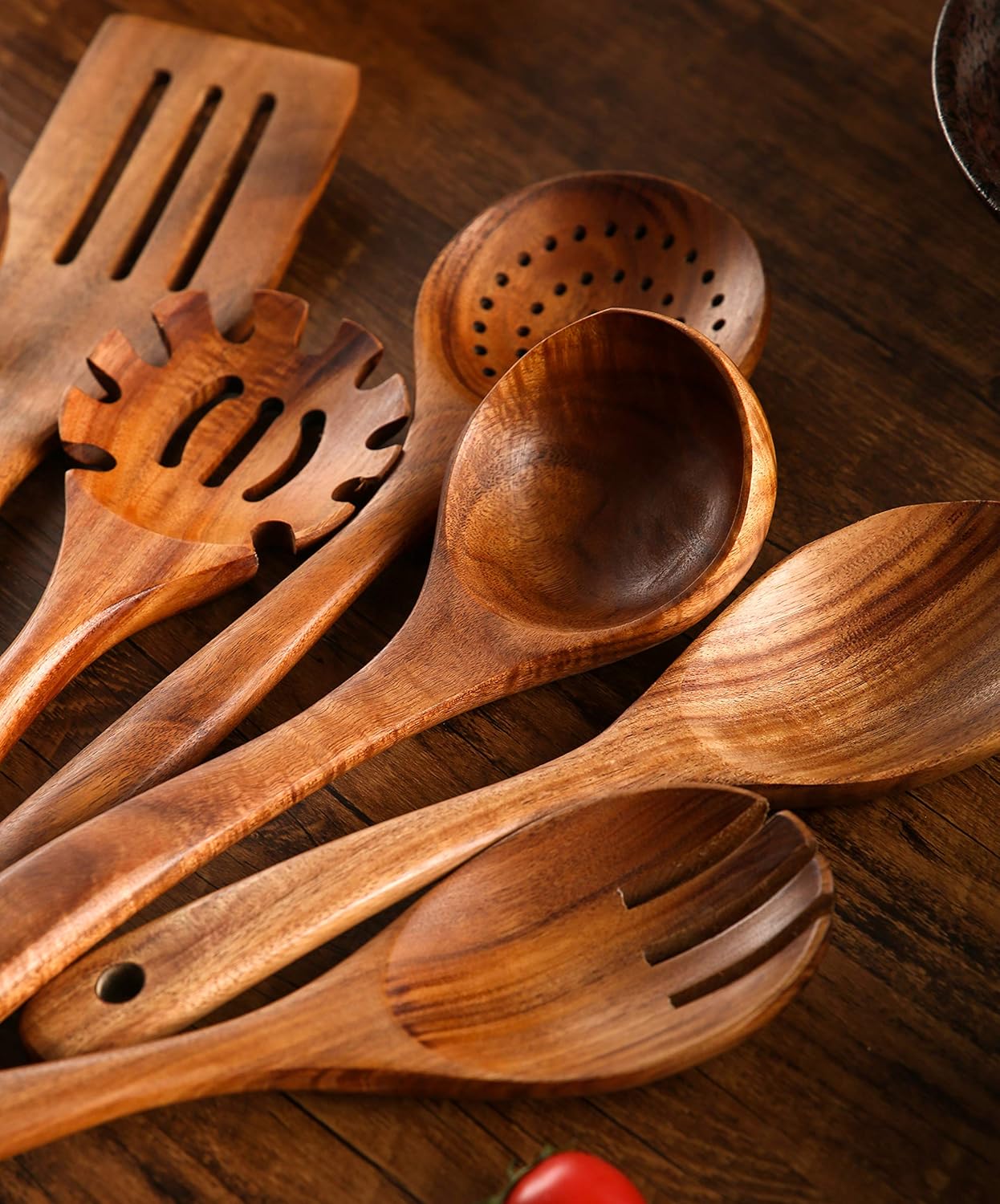 Wooden Spoons for Cooking, 10 Pcs Wooden Utensils for Cooking, NAYAHOSE Natural Teak Wood Spoons, Non-Stick Comfort Grip Kitchen Utensils Set - Image 6