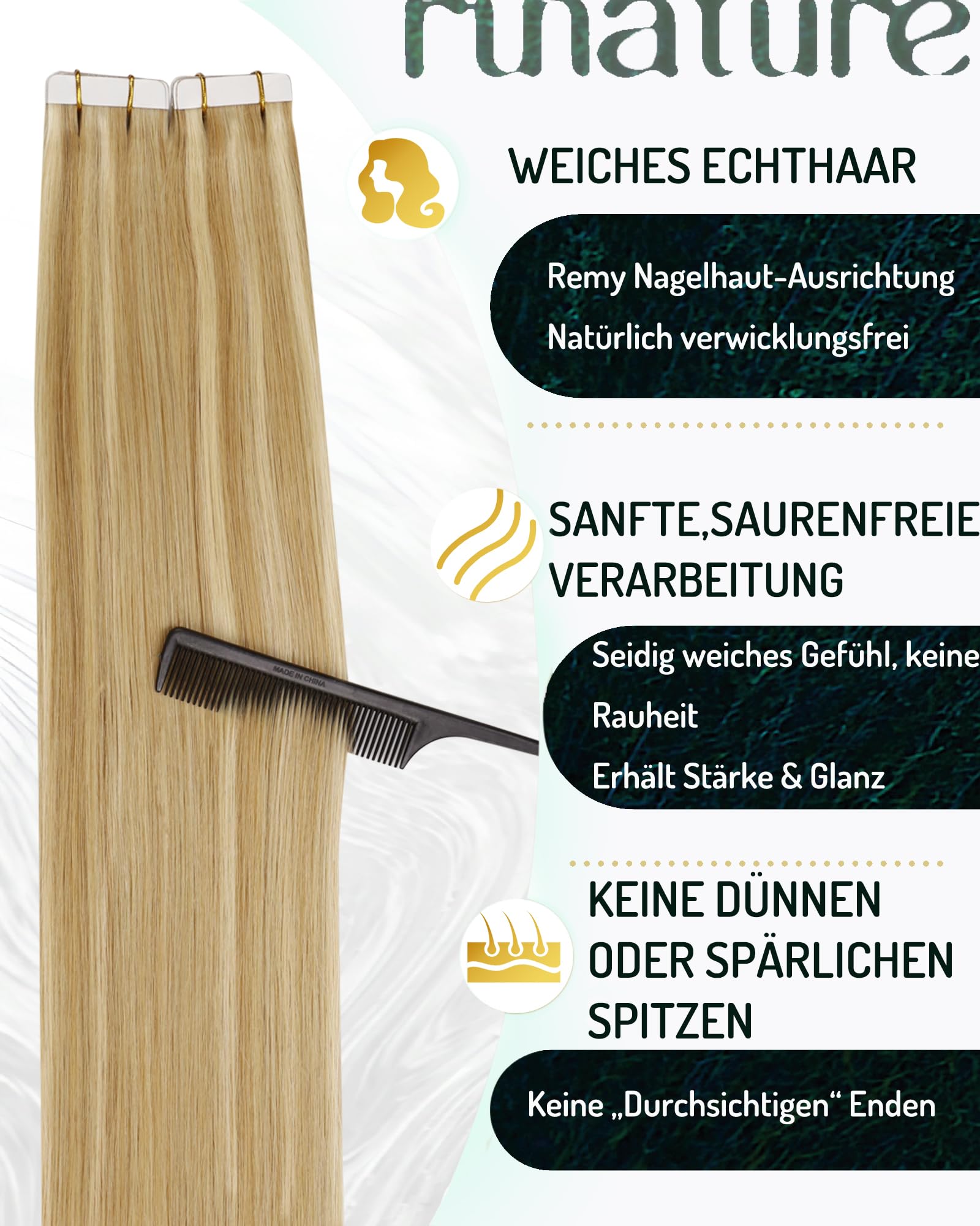 RUNATURE Extensions Echthaar Tape Blond Highlight 50cm 20pcs 50g #16P24 unsichtbar