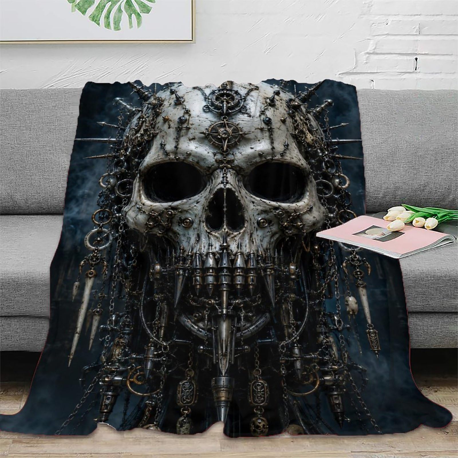 W7C8U2X3 Industrial Punk Metal Skull Blanket, Flannel, Gothic Fantasy Art
