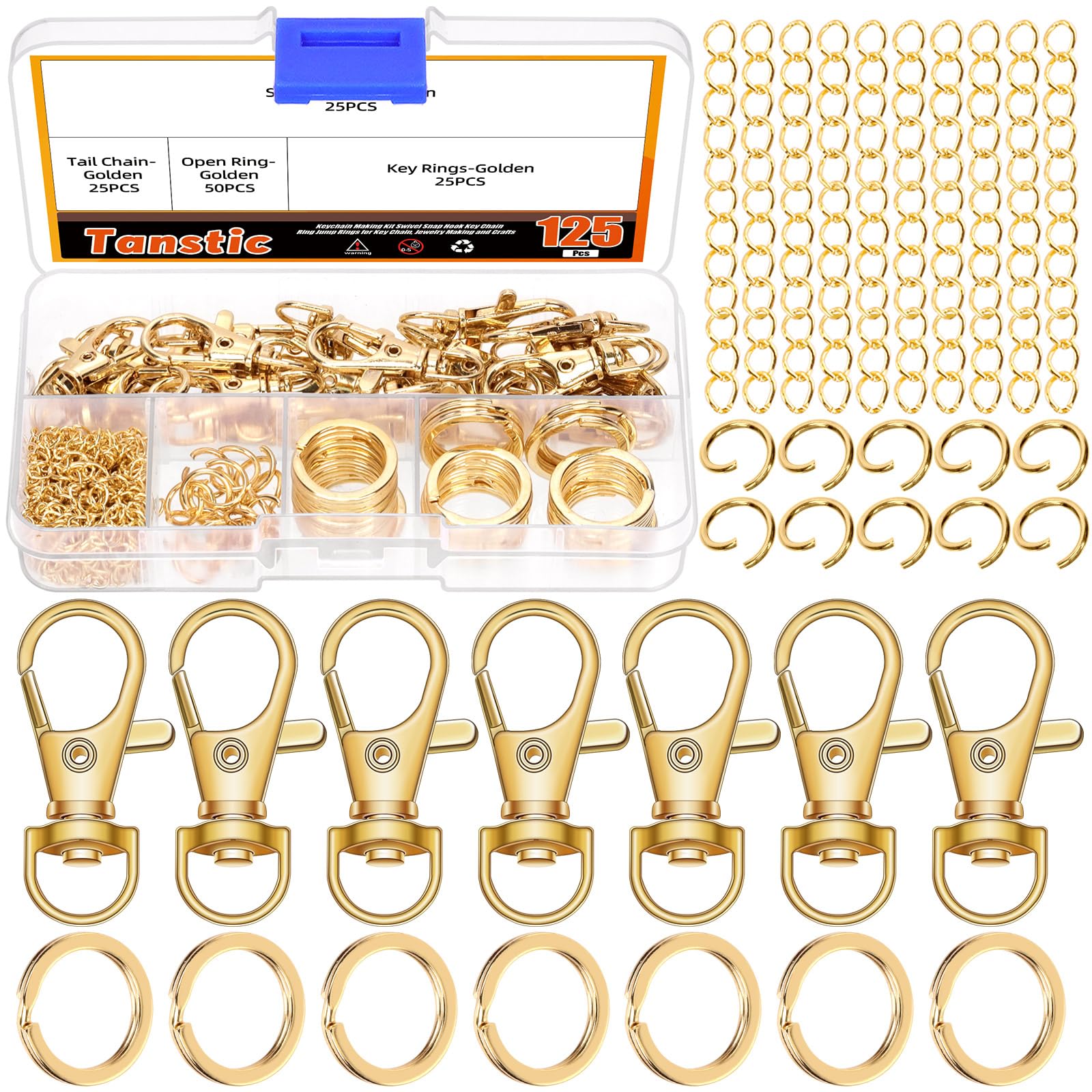 Tanstic 125Pcs Keychain Making Kit, Swivel Lanyard Snap Hook Key Chain with Rings Jump Rings for Key Chain, Jewelry Making and Crafts(Gold)
