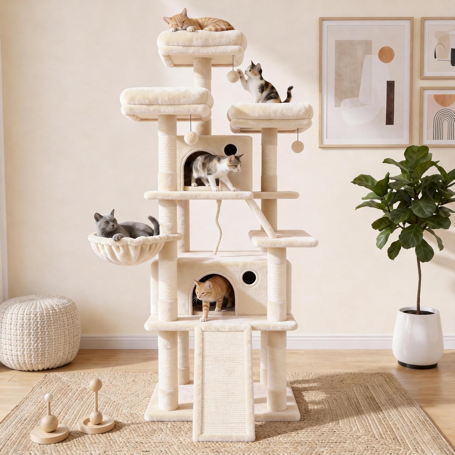 70 Inch Tall Cat Tree Tower for Indoor Cats, Multi-Level Large Cat Condo with Scratching Posts, Hammock & Perches, Sturdy Activity Center for Big Cats/Beige