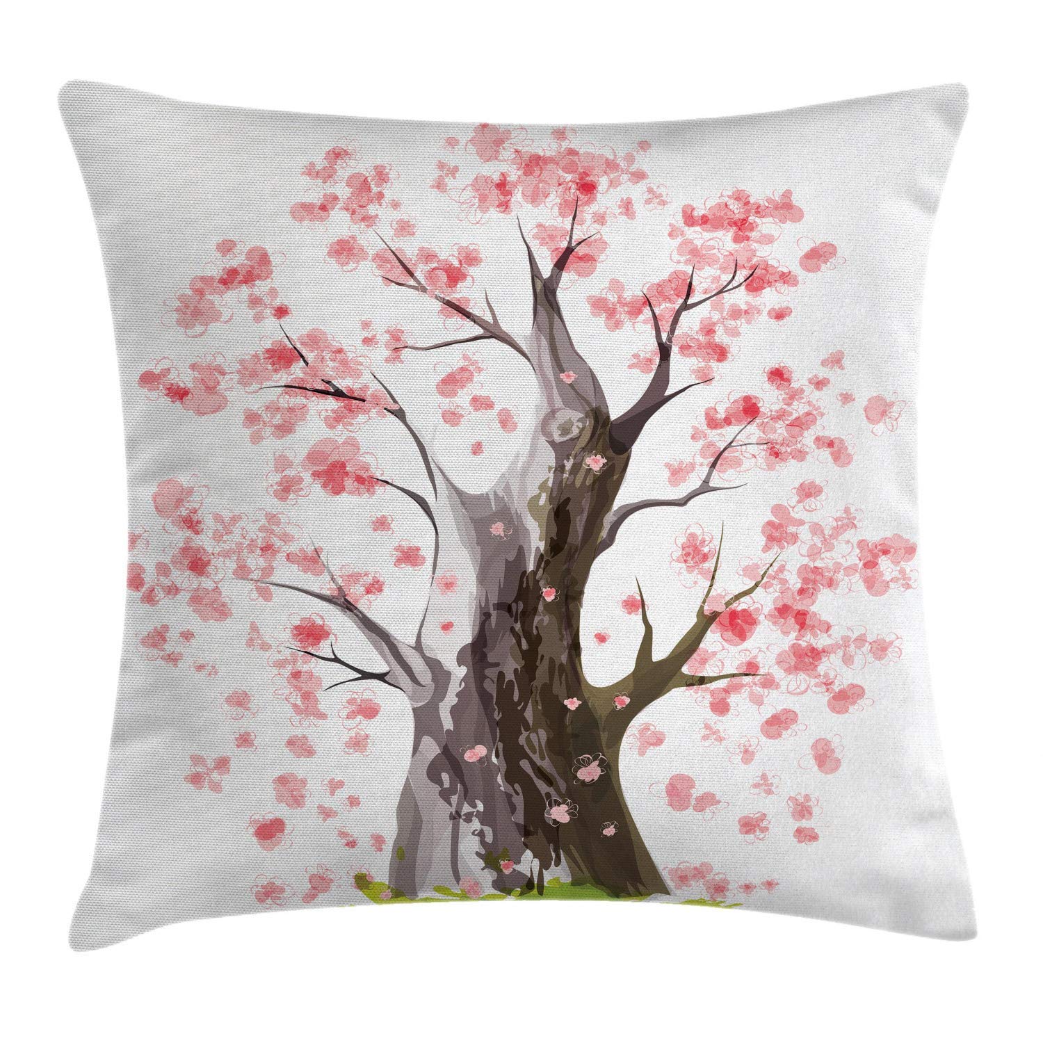 AmbesonneAmbesonne Nature Throw Pillow Cushion Cover, Big Sakura Tree in Full Blossom Seasonal Far Eastern Nature Artwork, Decorative Square Accent Pillow Case, 28" X 28", Green Black