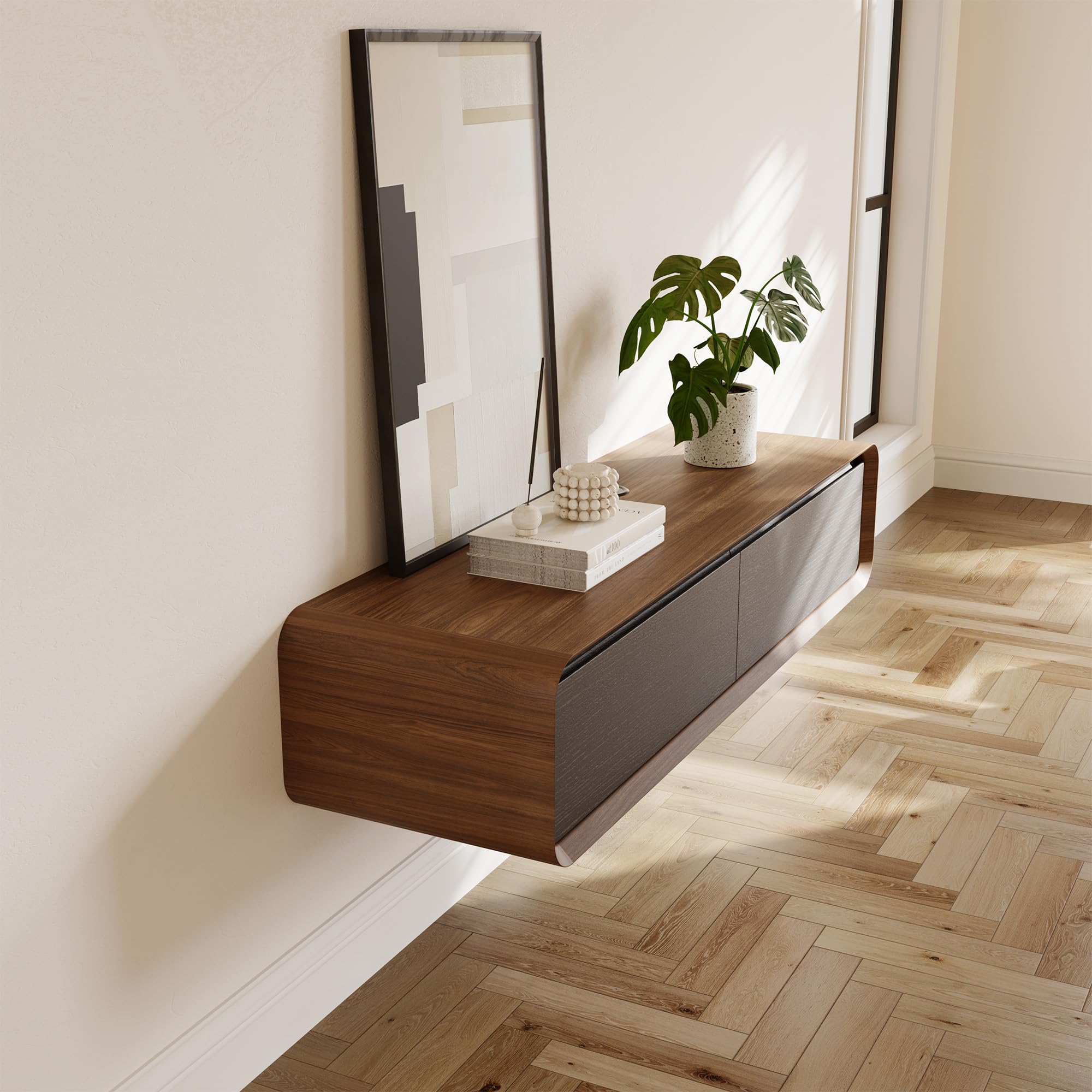 POVISON Mueble de TV flotante de 120 cm, moderno color negro y roble de madera maciza con 2 cajones, mueble para TV con gestión de cables, mueble completo con espacio de almacenamiento para salón