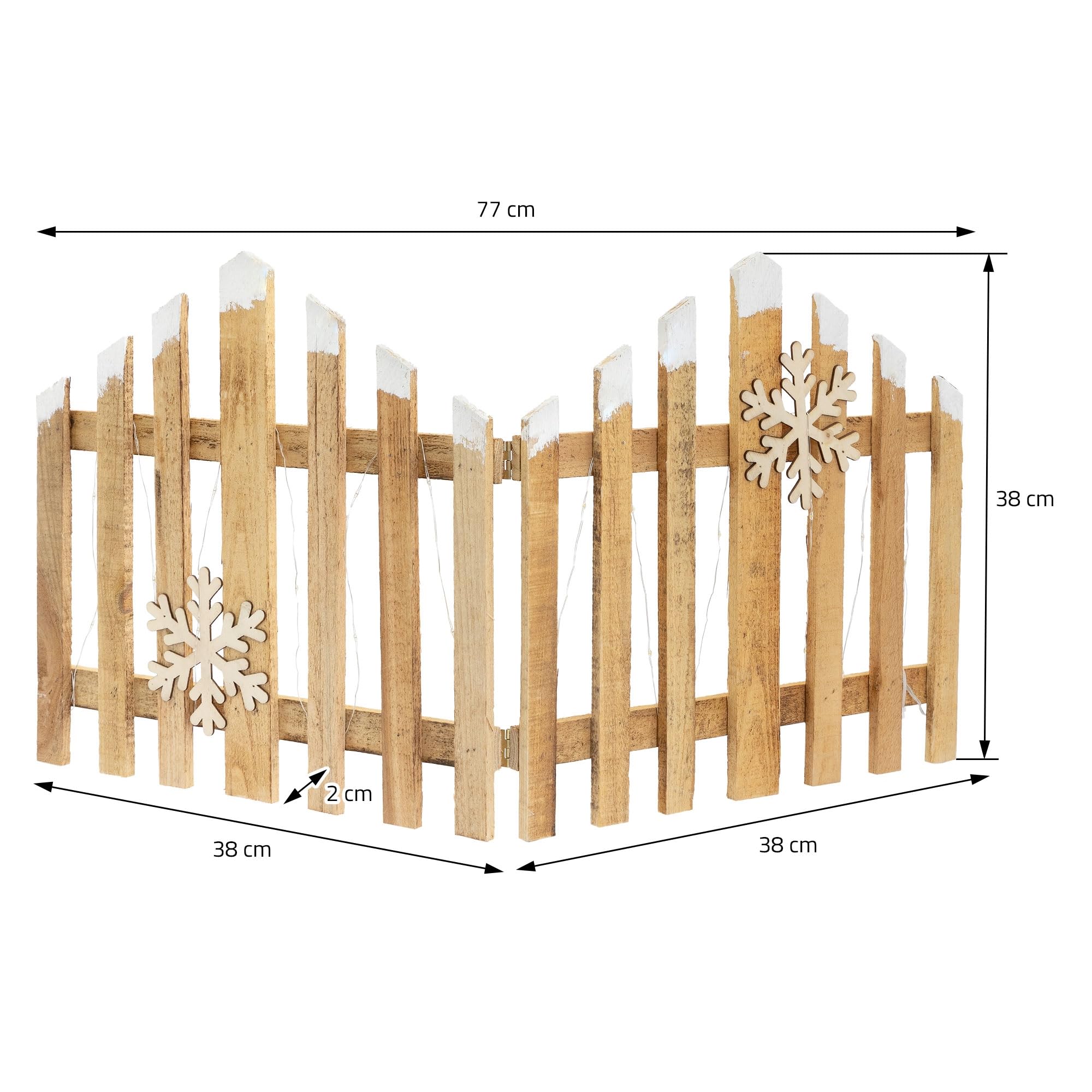 ECD Germany dekoracyjny plot drewniany LED 77x38 cm z 30 diodami ciepla biel 2 platki sniegu zasilany bateriami z timerem miniaturowy plot ogrodowy sztuczny snieg dekoracja swiateczna brama zimowa