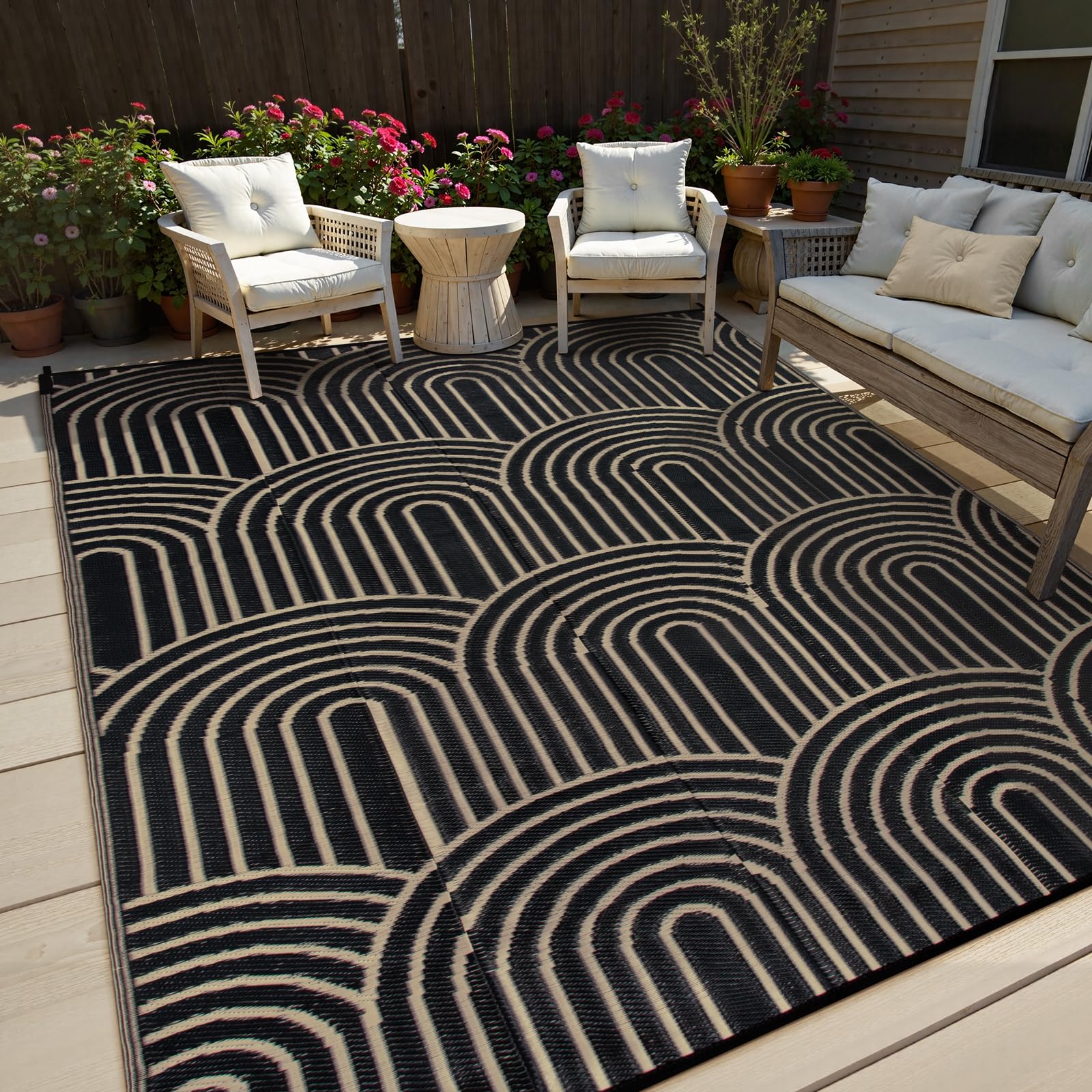 Lahome 6x9 Outdoor Rugs for Patios, Waterproof Black Outdoor Rug for Camping,Portable Plastic Straw Mats for Outside Your ...