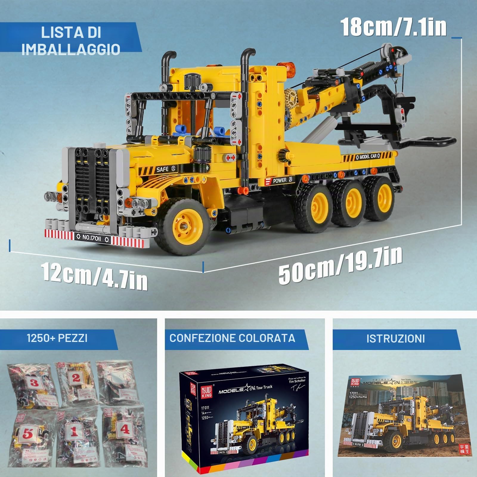 Mould King 17011 Technik Gru, Camion Giocattolo, 1250 Parti Ingegneria Series Set di Costruzioni con Veicoli da Cantiere, Trailer Costruzioni Veicolo di Design