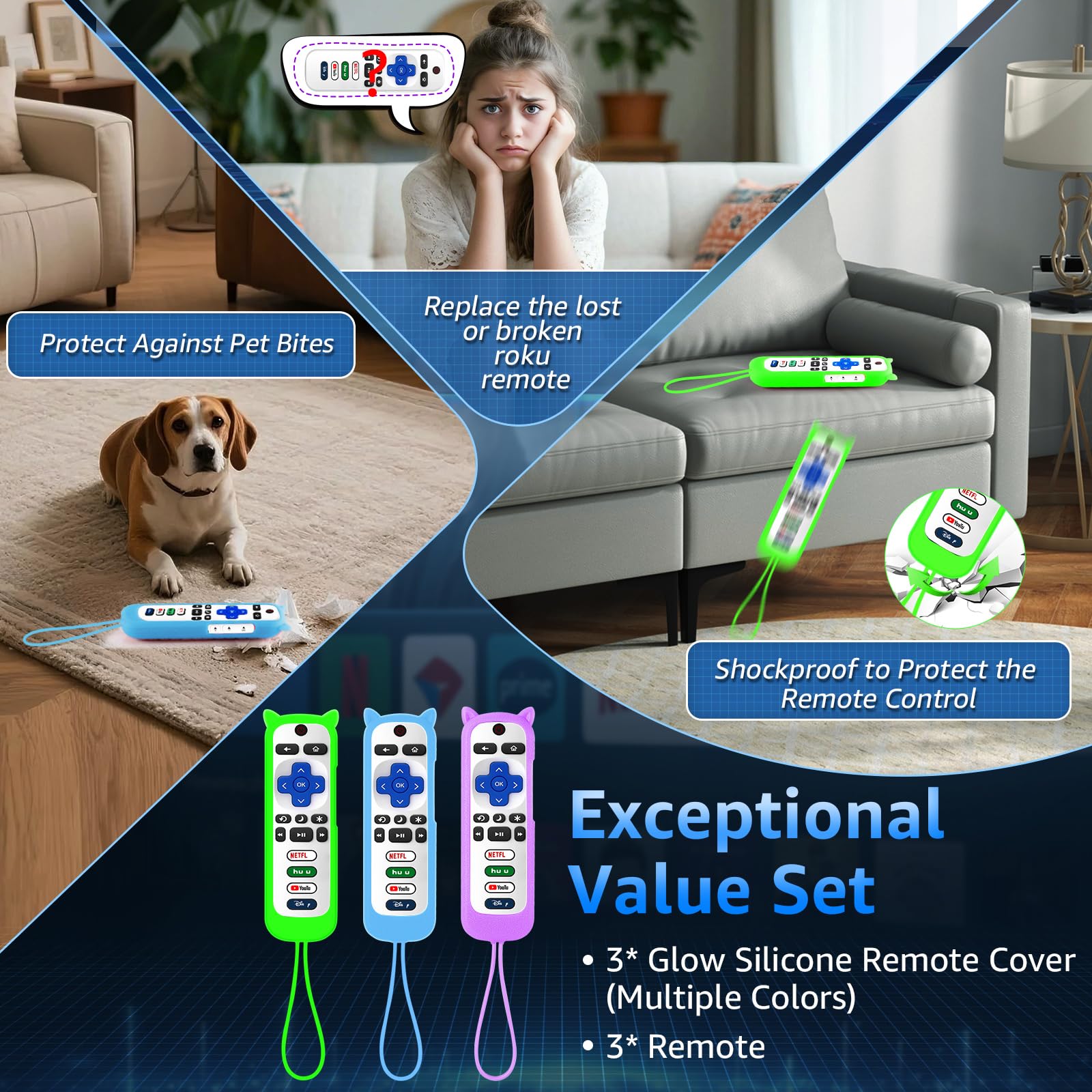 (3 Stück) Ersatzfernbedienung nur für Roku TV mit weicher Silikon-Schutzhülle (leuchtet im Dunkeln), Universal-Fernbedienung für TCL/Onn/Hisense/Sharp/Element/Philips Roku Smart TV (elegantes Weiß)