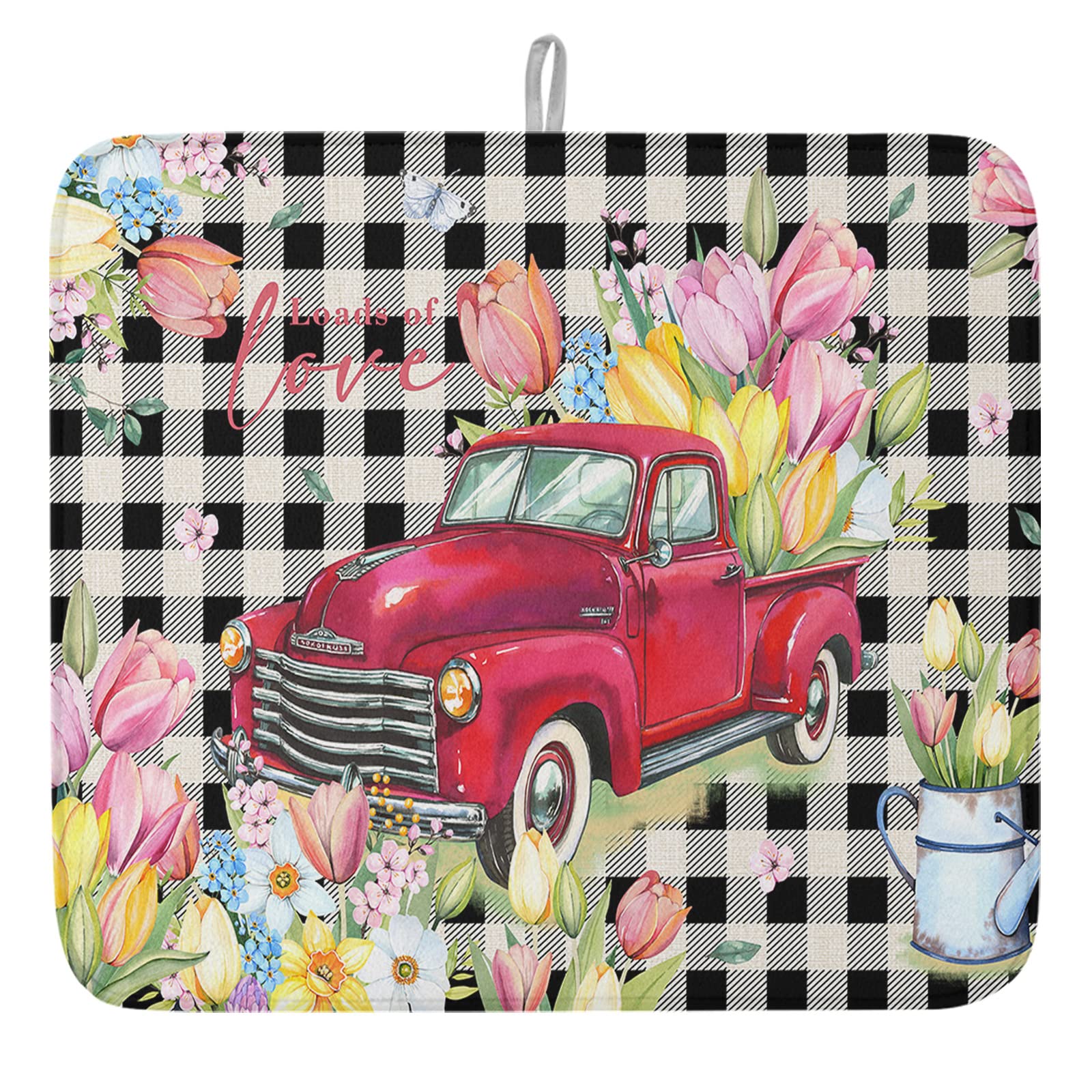 Dish Drying Mat for Kitchen Tulip Farm Red Truck Dry Mat Absorbent Reversible Microfiber Kitchen Counter Drying Mat Flower Black White Plaid Dish Drainer Mat Kitchen Accessories 18"x24"