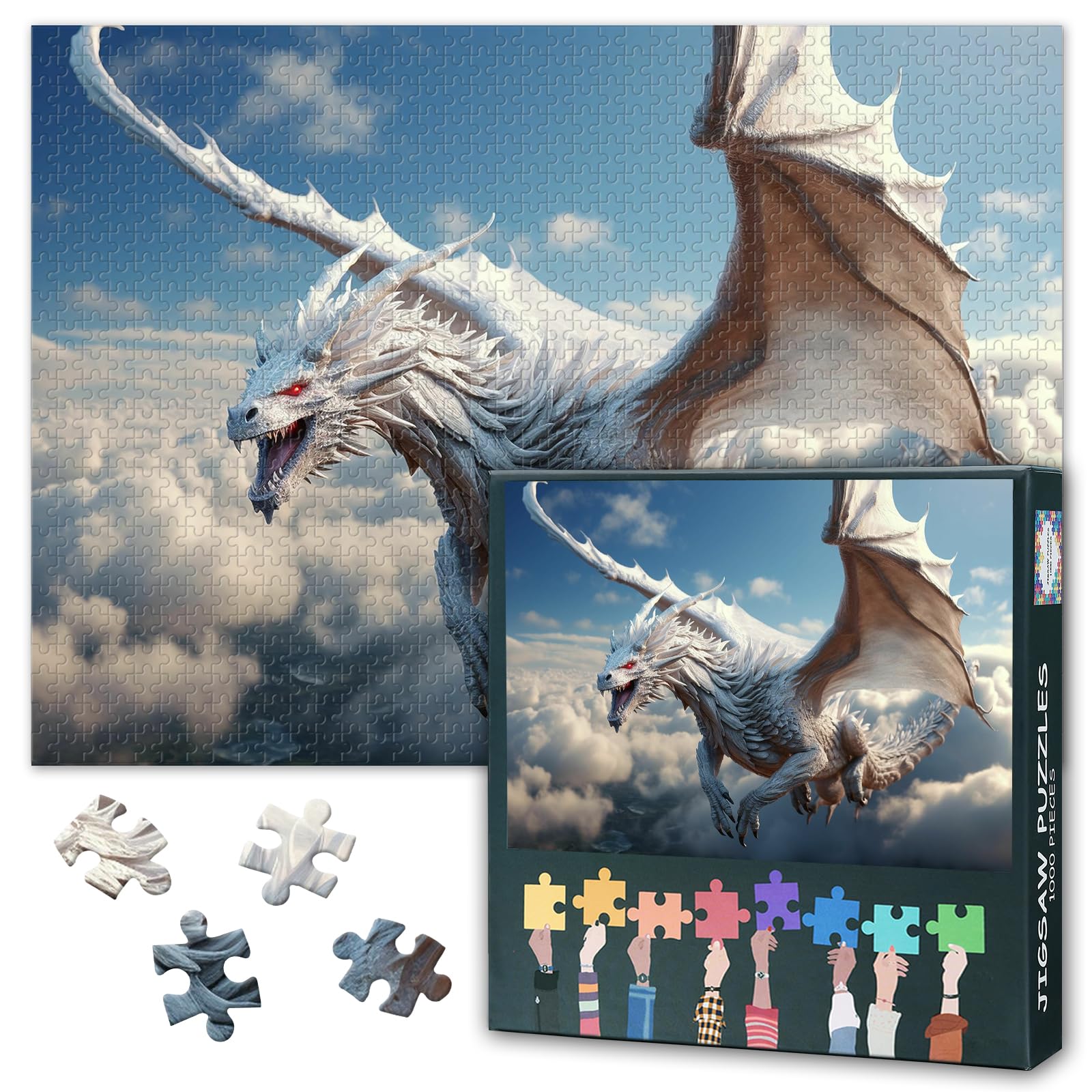 1000 Piece Jigsaw Puzzles for Adults - Flying Dragon Theme Challenging Puzzle, 27.5x19.7 Inch Fantasy White Dragon Family Educational Games & Home Decor Gift