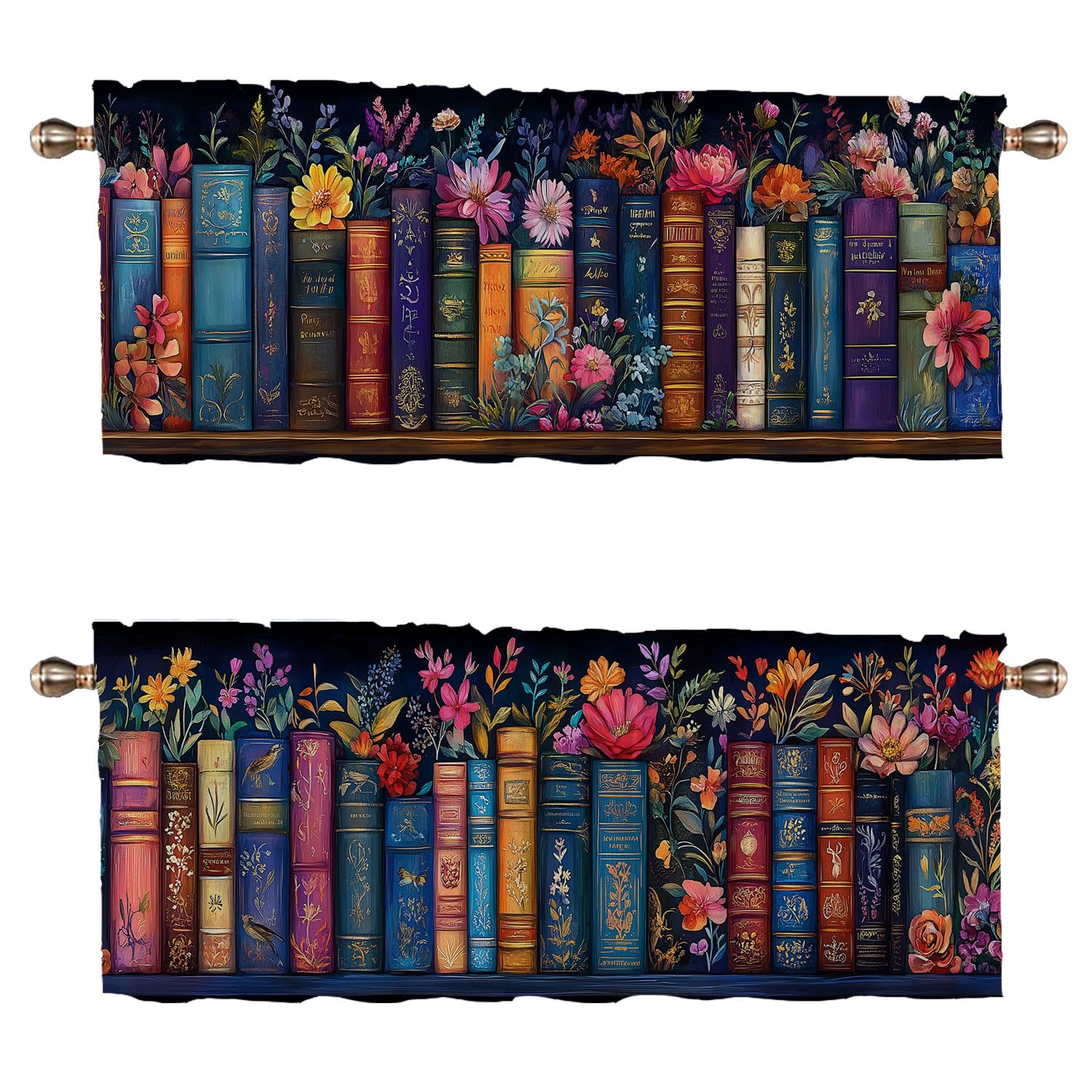 Bookshelf Kitchen Curtains Set of 2 Educational Bookcase Watercolor Flowers Rod Pocket Decorative Small Window Curtains Valance for Cafe Living Room