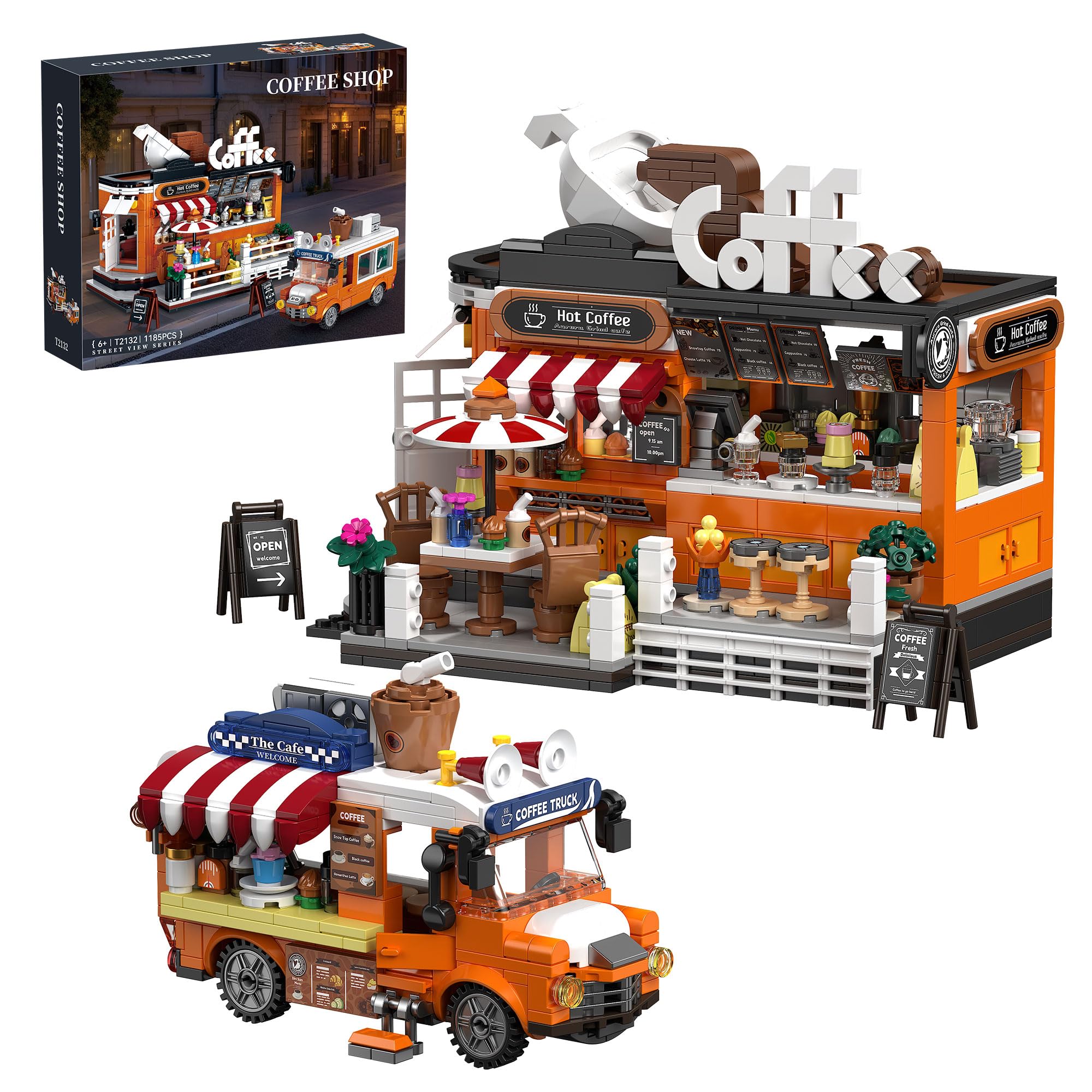 TYCOLE City Coffee House Building Blocks Set, 1185 Pcs Cafe Shop Building Toys with Moveable Coffee Car, STEM Construction Toys Model for Home Decor, Birthday Gift for Adults Kids Boys Girls 8-12