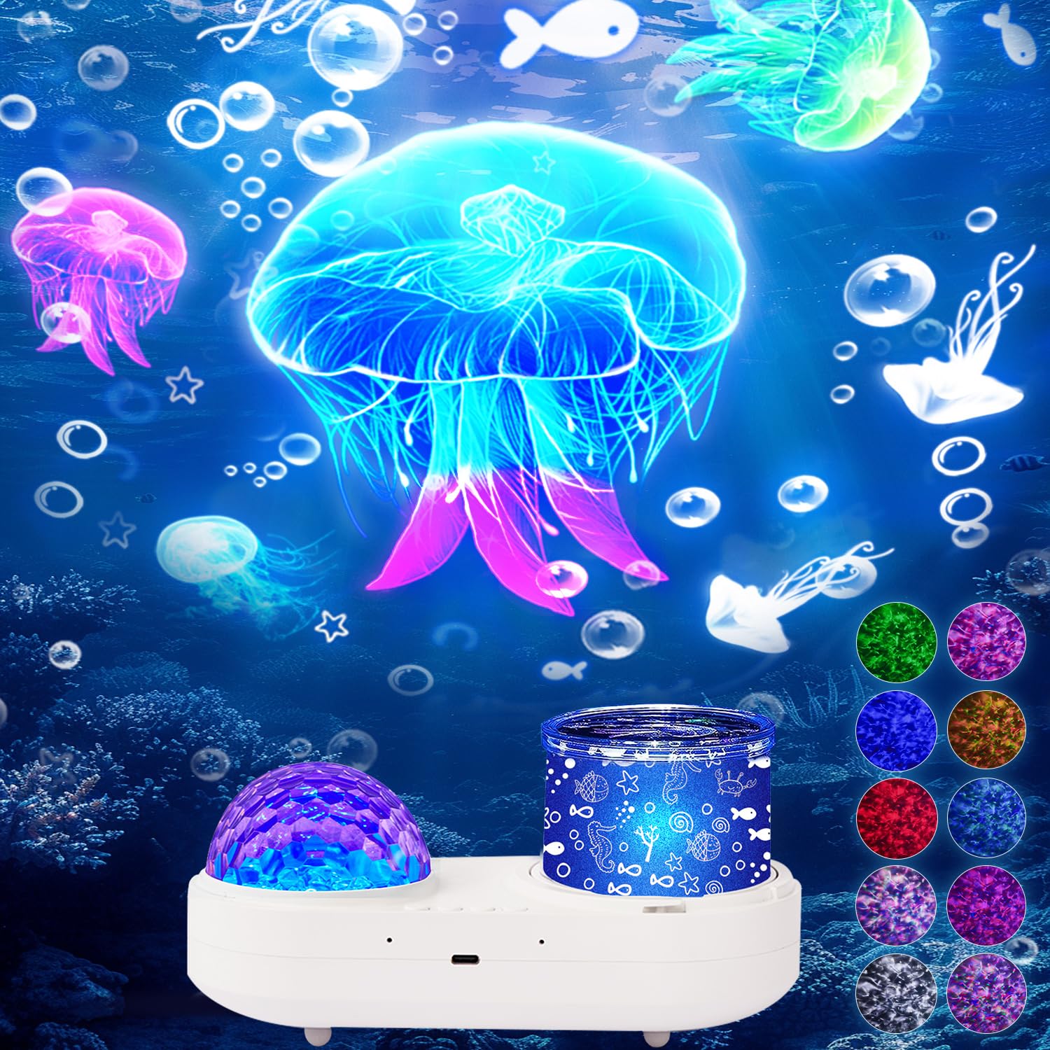 Ocean Wave Night Light Projector for Kids - 10 Colors + 21 Film Sets, Timer