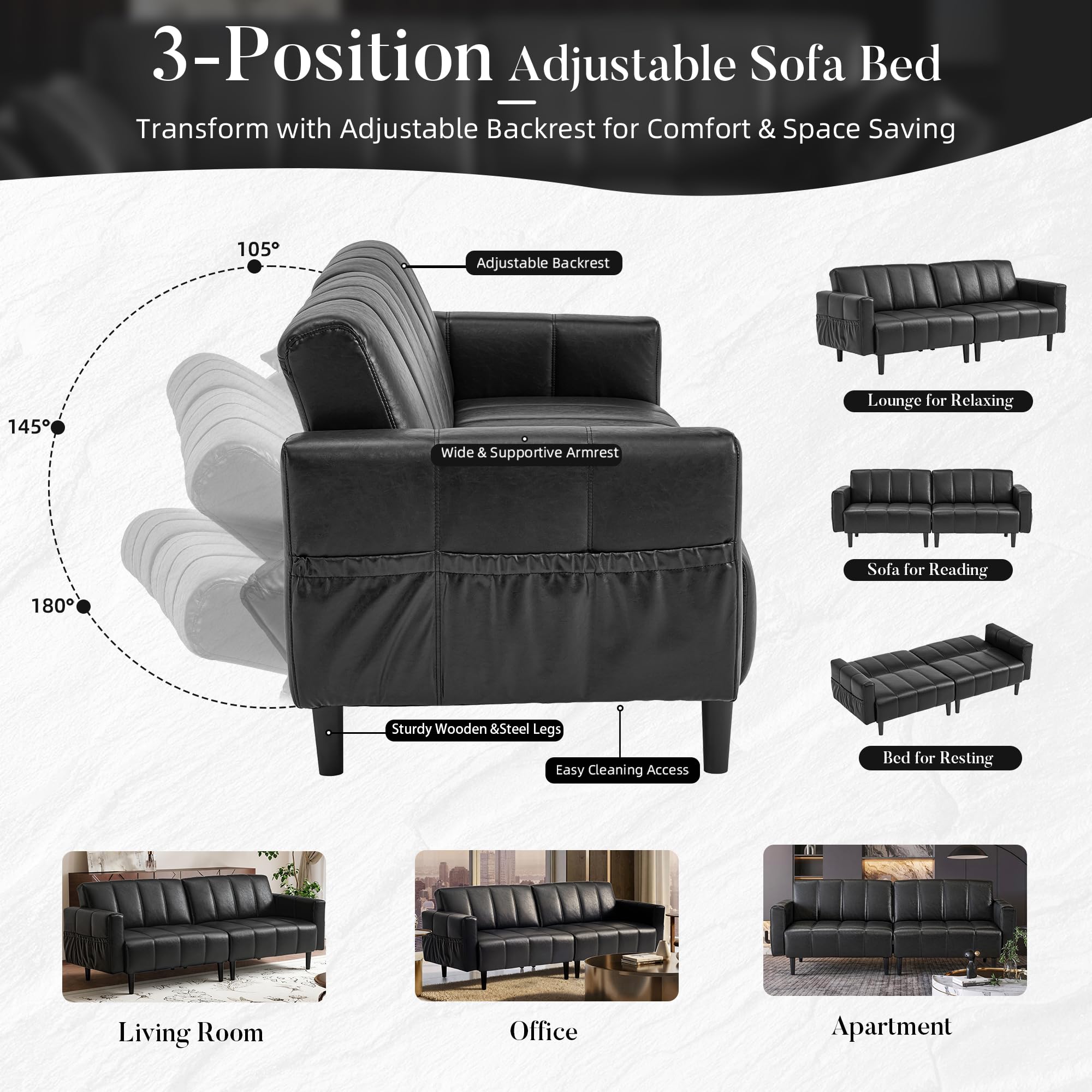83" Faux Leather Futon Couch,Mid Century Modern Leather Sofa(Black) | Adjustable Backrest,Convertible,Storage Pocket,Wooden&Steel Frame for Office,Living Room,Space-Saving