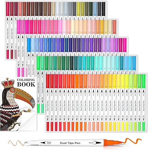 Lelix 120 colores de doble punta de pincel marcadores artísticos con un libro para colorear, pincel y bolígrafos de punta fina para adultos y niños,