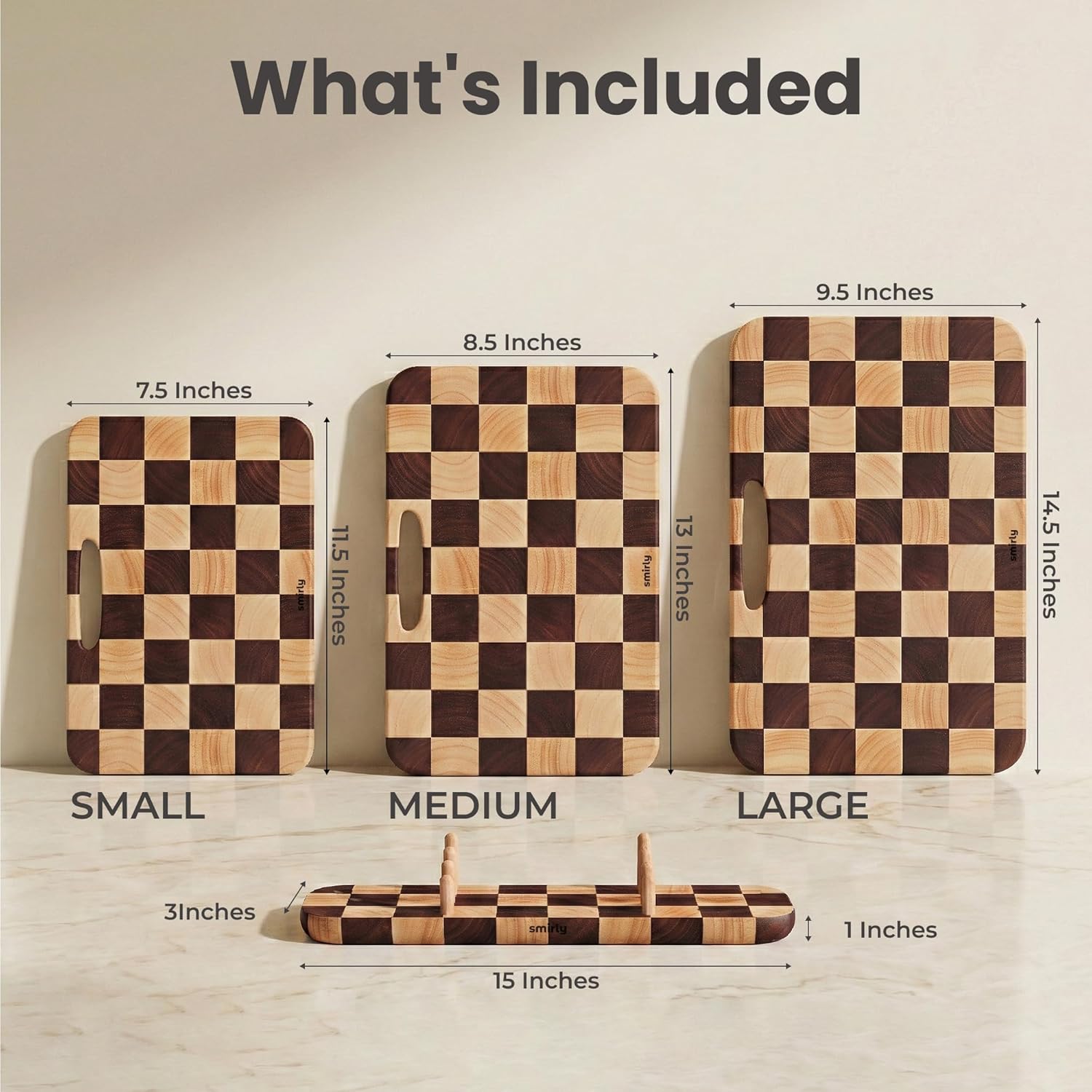 SMIRLY Wooden Cutting Boards for Kitchen, Double-Sided Cutting Board with Handle, Heavy Duty Solid Rubber Wood Cutting Board Set with Stand, 3 Pcs Cutting Boards Non Toxic for Meat Vegetable Fruit