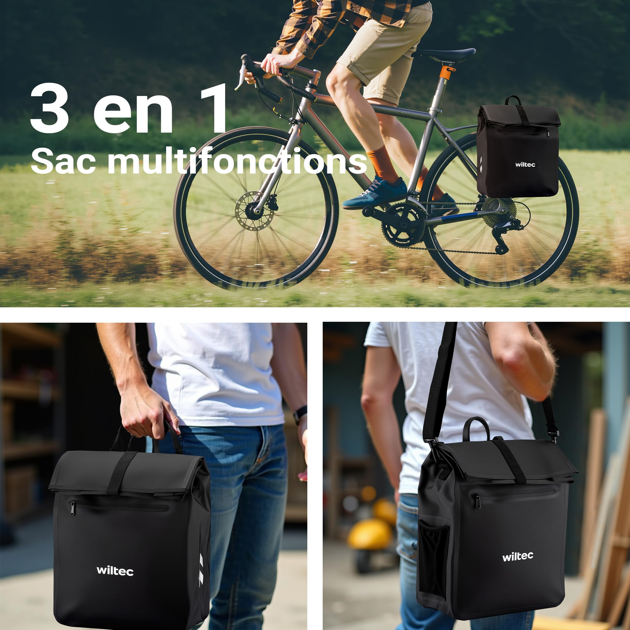 WilTec Sacoche étanche pour Porte-Bagages Noire – capacité de 22 L – en PVC – pour vélos et vélos électriques – Sac de Bicyclette – Cyclisme, Courses, Excursions