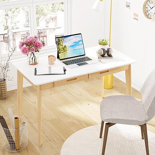 Miniatura 3 de DiDuGo Escritorio de oficina en casa con 2 cajones estación de trabajo de escritorio para computadora con patas de madera para oficina en casa