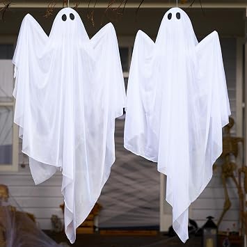 JOYIN 2 Pcs 47 Halloween Hanging Light up Ghost Decorations Outdoor, Halloween White Hanging Ghosts with Purple LED Lights for Haunted House Prop, Party Supplies, Front Yard Patio Garden Decor