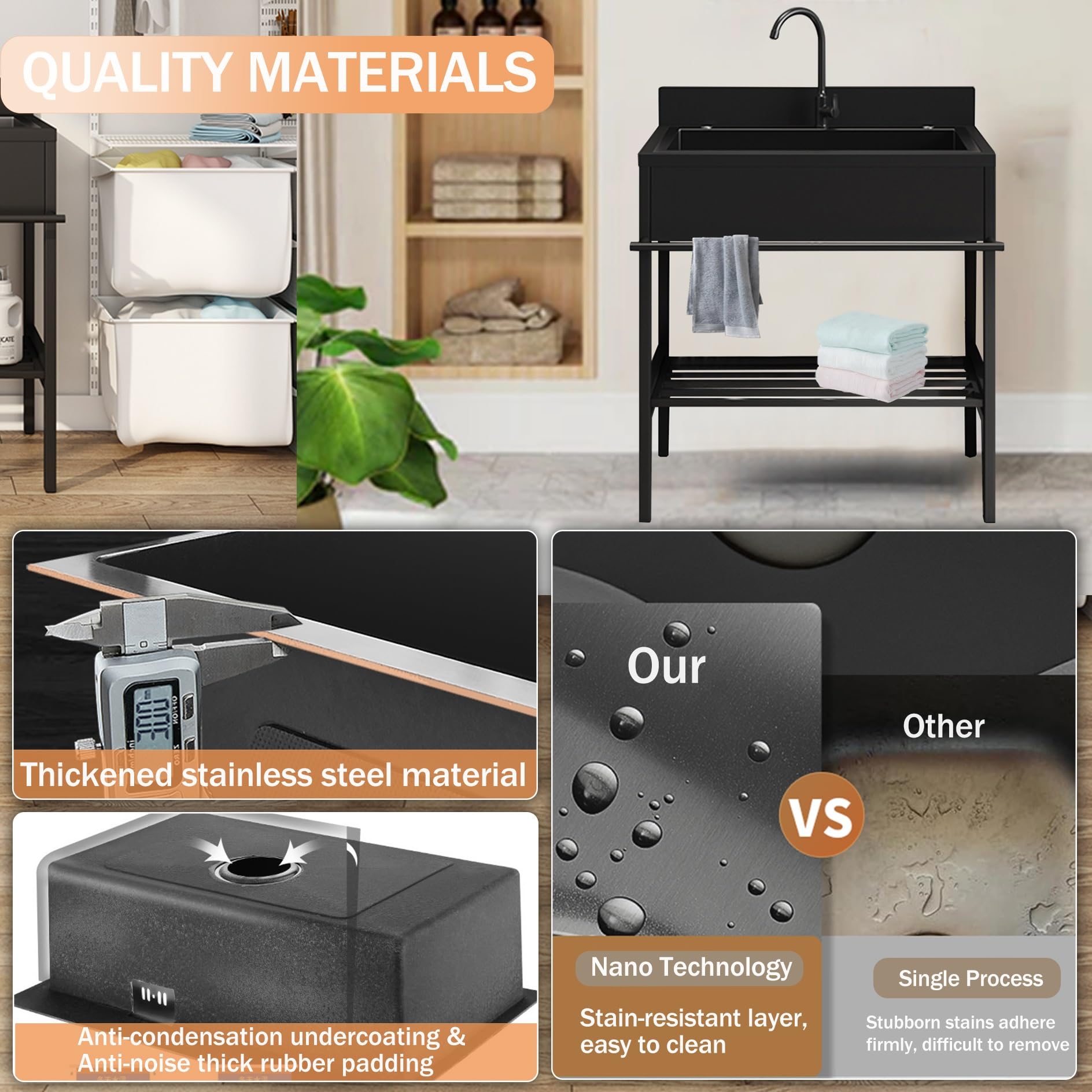 Lavandino da Esterno con Rubinetto,Lavello Cucina 1 Vasca in Acciaio Inox con Mobile,Lavabo da Giardino Autoportante,Lavelli Commerciale con Kit di Troppo Pieno,per Ristorante,Garage,Interno(96x51x94c